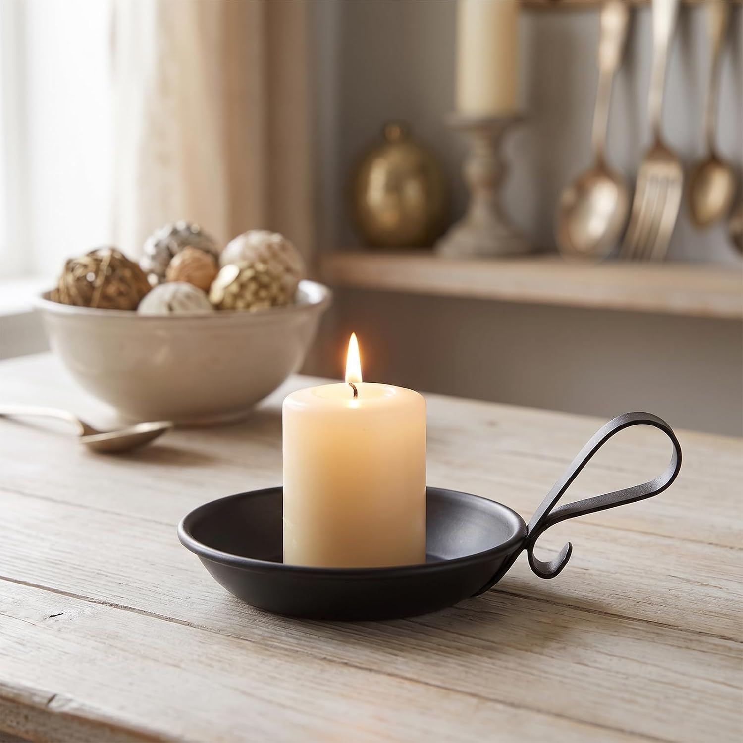 Pillar Candle Holder Set of 4 Black Iron Round Base with Handle for Candles