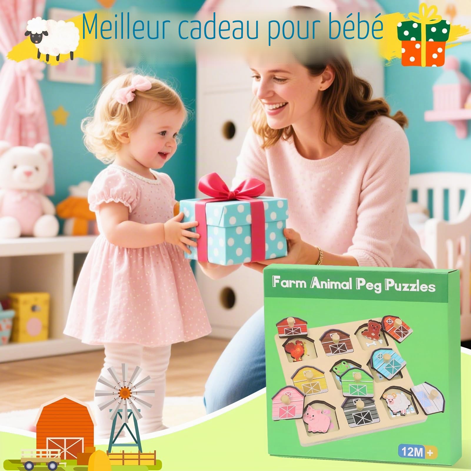 Jouets Montessori Puzzle en Bois pour Bébé 1 an Ferme Jouet Moteur 12-36 Mois Fille Garçon