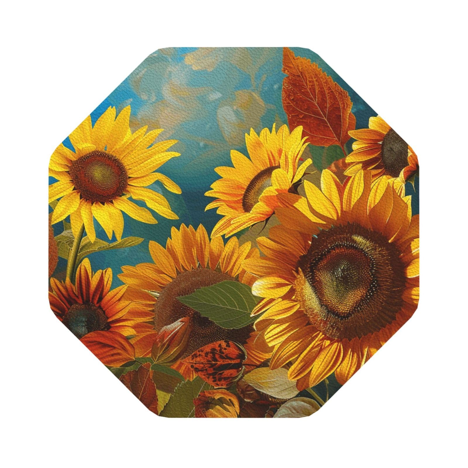 Yellow Sunflowers Print Leather Coaster Set of 6, Octagon Coasters Table Decorative Coffee Cup Beverage Coasters Wine Beer Bar Coasters for Hot Drinks Table Protection