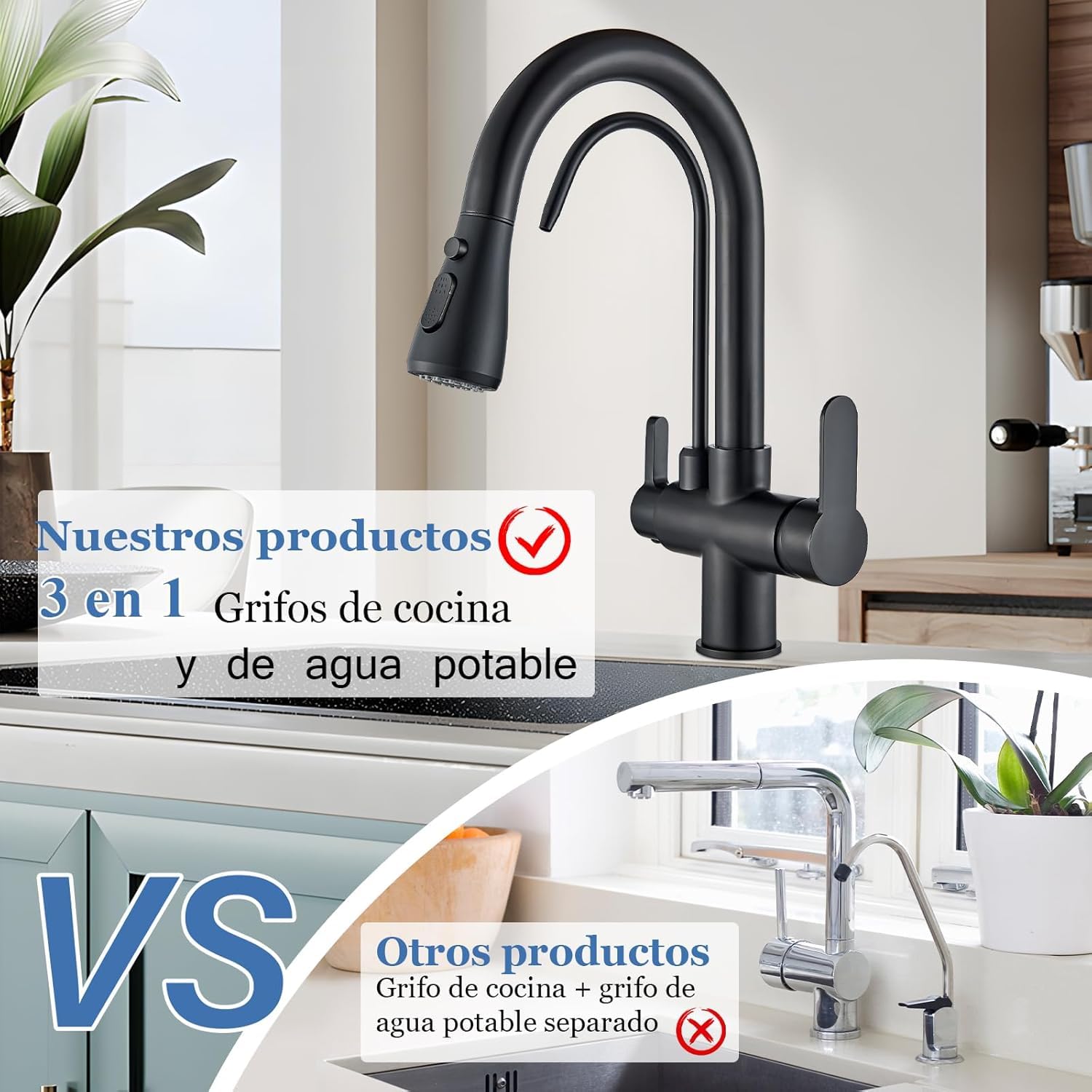Grifo de Cocina 3 Vías Ósmosis Acero Inoxidable Negro Giratorio 360° Ducha Extraíble