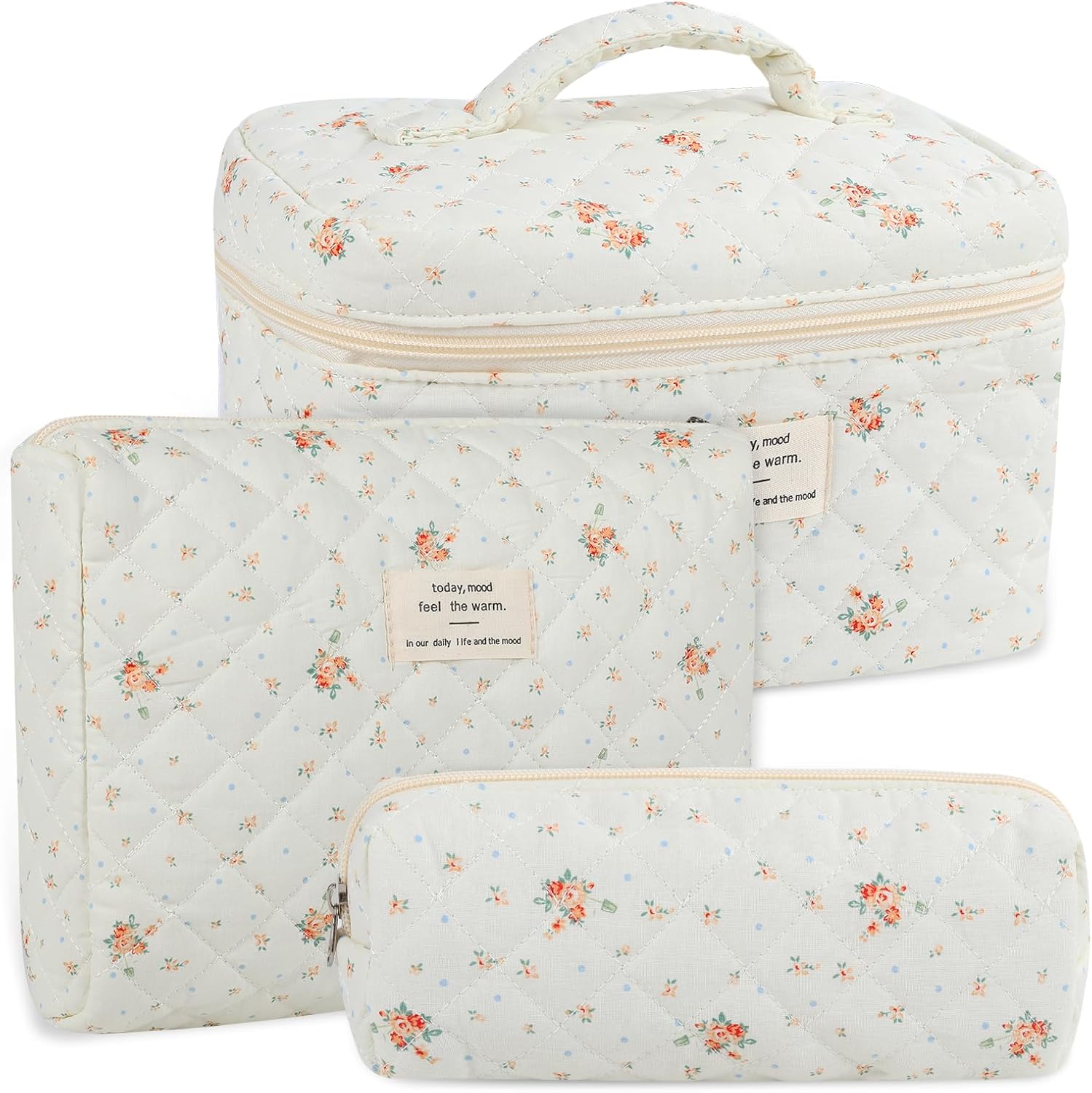 Anfly Makeup Bag, Quilted Cosmetic Bags, Large Floral Make Up Bag for Women, Cute Cotton Makeup Bag 3PC Set, Travel Toiletry Bag (White)