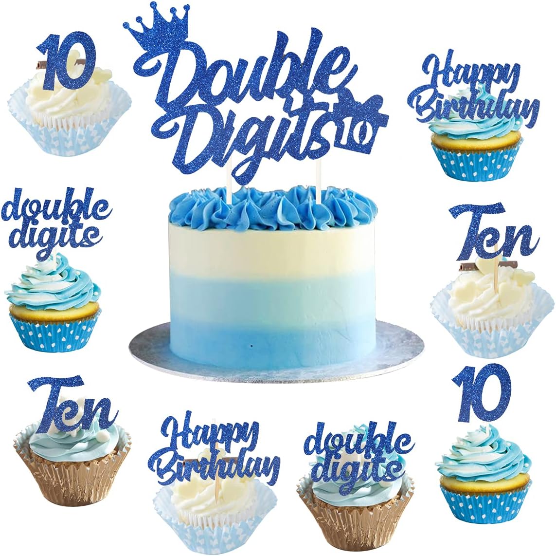 10th Birthday Cake Decorations Blue, Double Digits Cake & Cupcake Topper for Boys Tenth Birthday Party Decorations and Supplies, Cheer to 10 Years Birthday - Total 25 Pcs