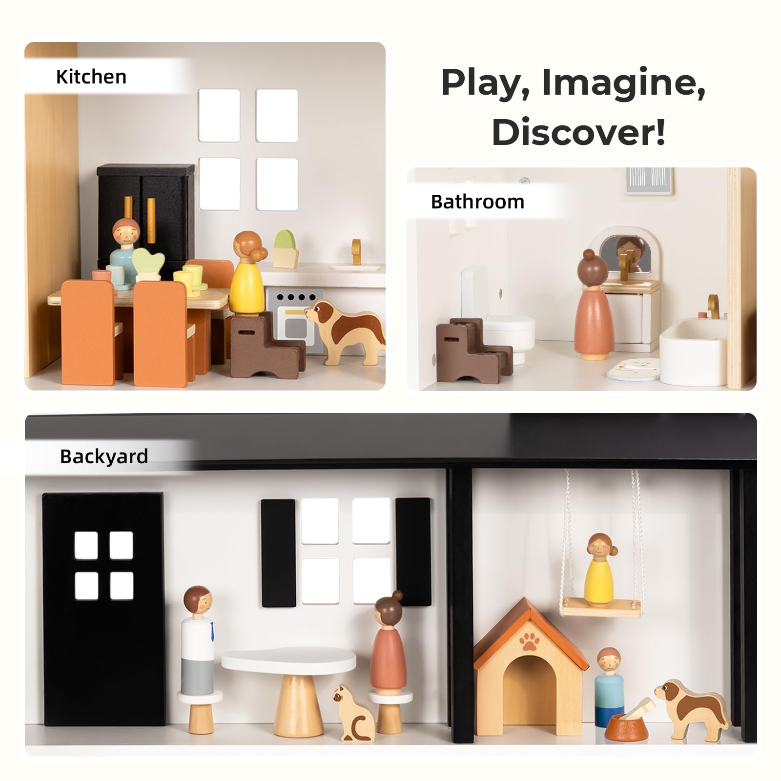 OOOK Puppenhaus Holz, Dollhouse mit 66 Möbel & Zubehör, Puppenhaus ab 3 Jahre Mädchen und Jungen, Spielzeug Geschenke für Kinder inklusive Puppen und Tier Sets