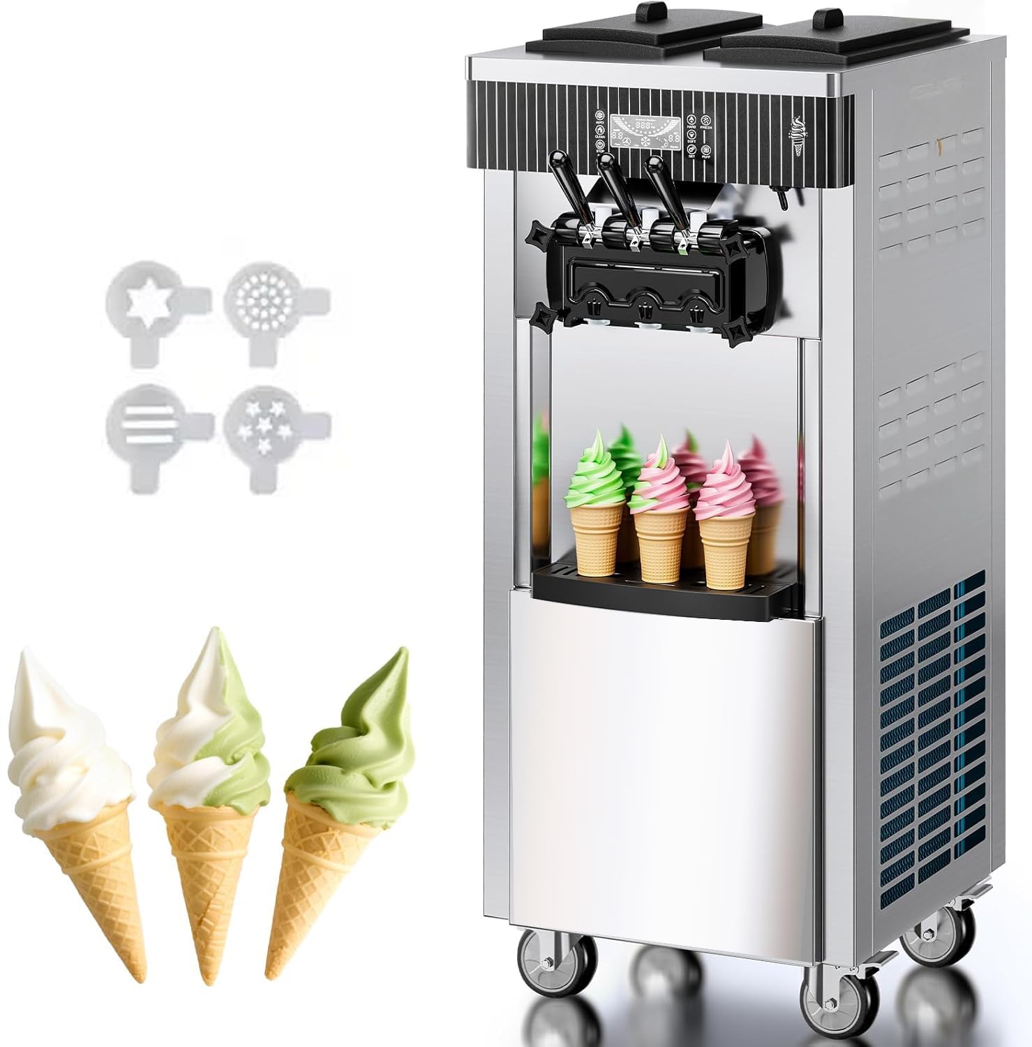 Macchina per Gelato Commerciale 20-28L/h 2200W 3 Sapori, Macchina Gelato Soft Professionale,Pannello LED per Pulizia Automatica, Refrigerazione Notte, per Yogurt Caffè Snack-Bar