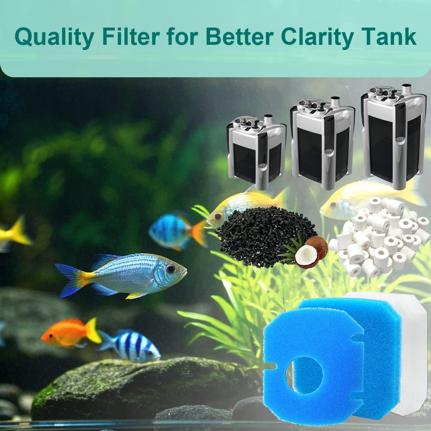 Lot de 14 filtres de rechange pour aquarium compatibles avec les filtres JBL CombiBloc II CristalProfi e402/e702/e902, avec insert de pré-filtre, mousse à filtre fin 6028800, charbon actif et anneaux