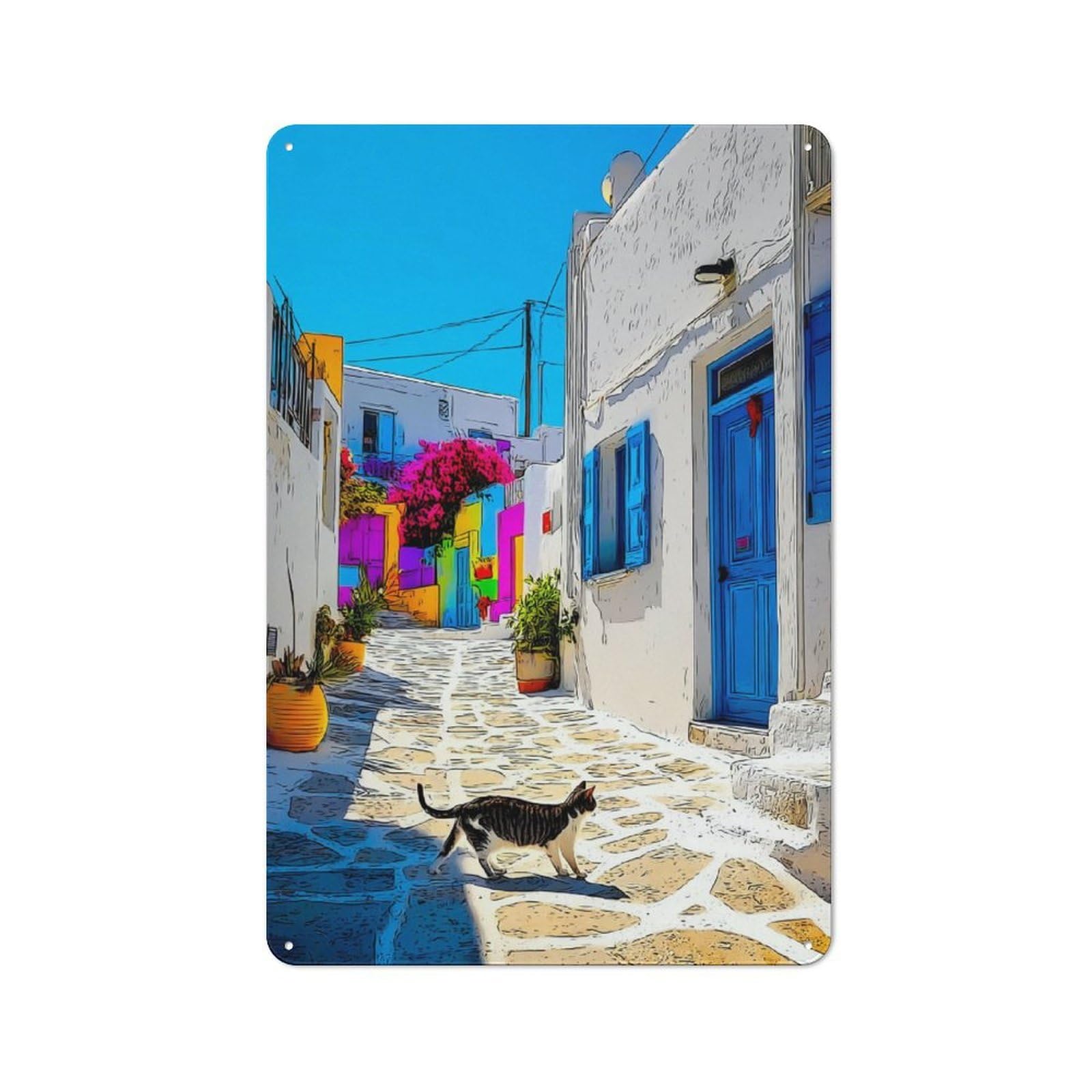 Metal Wall Sign 30x20cm Featuring Colorful Mediterranean Alleyway with Cat for Café Or Restaurant, A Decorative Metal Sign for Cafés And Restaurants