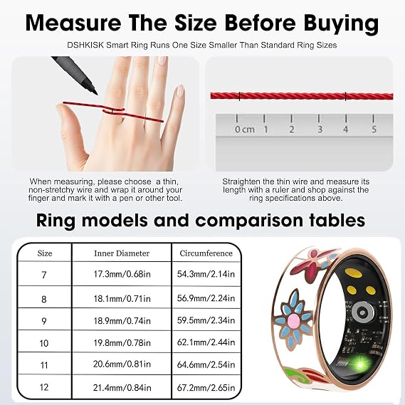 Smart Ring Health Tracker for Women & Men Fitness Tracker Ring(8#&Floral)