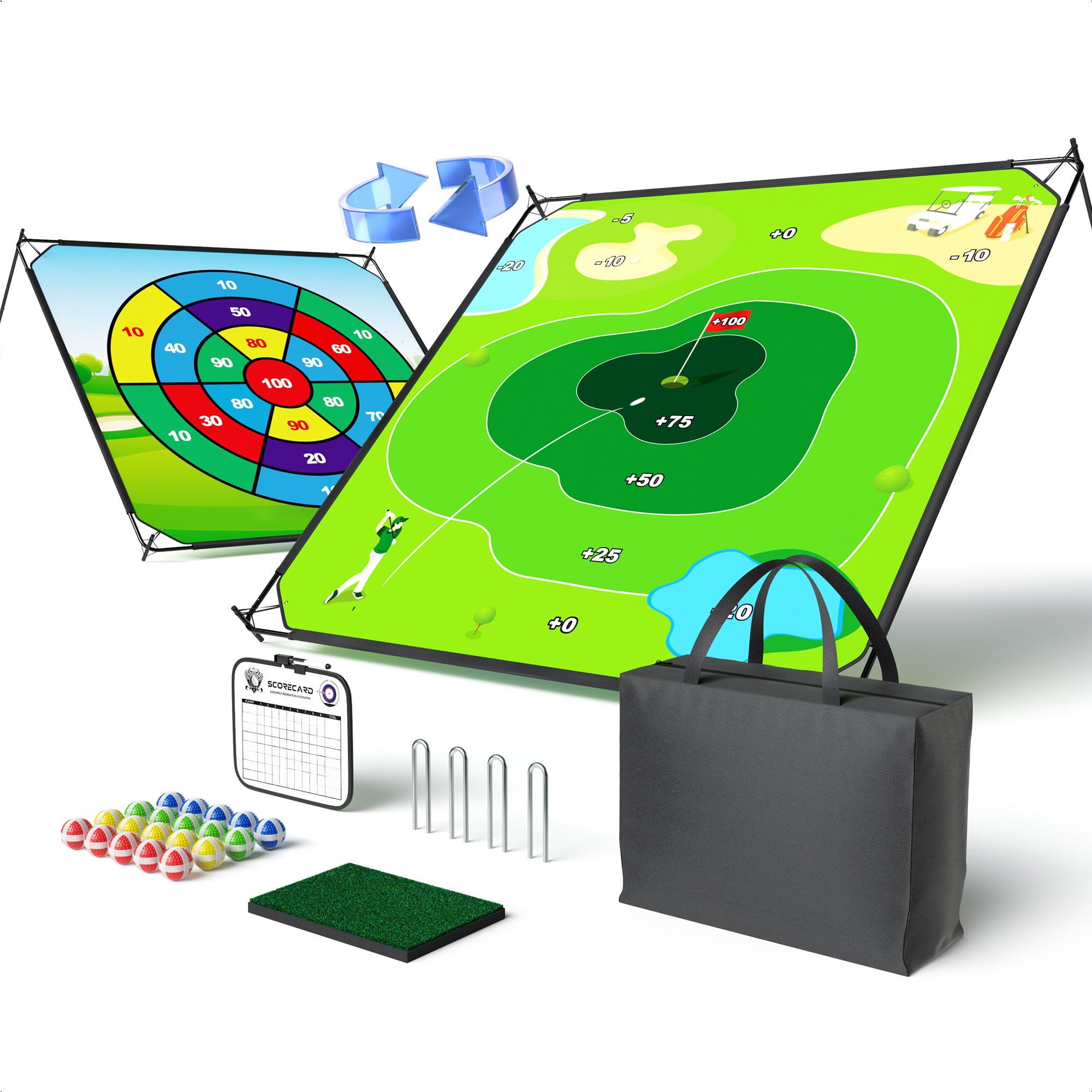 1GoTo-G 58" x 58" Battle Golf Chipping Game - 2-in-1 Sticky Golf Game Set, Large Chipping Mat with 20 Sticky Balls for Chipping Practice - Fun Family