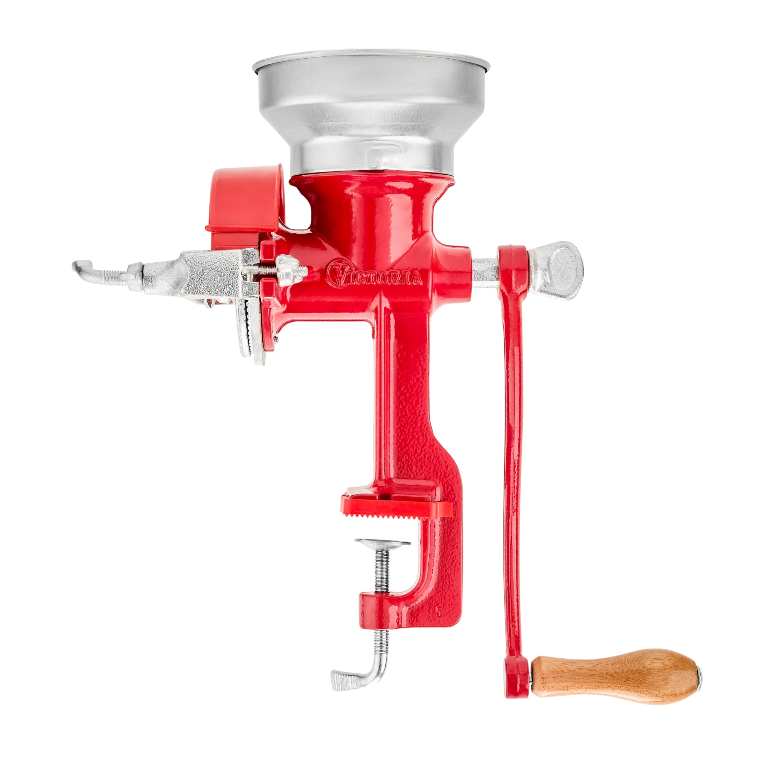 Victoria Moulin à Grains Manuel, Moulin à Main en Fonte pour Moudre le Café, le Maïs, l'Avoine, les Graines, Broyage Réglable, Trémie Basse, Grain Grinder avec Pince de Table, Rouge