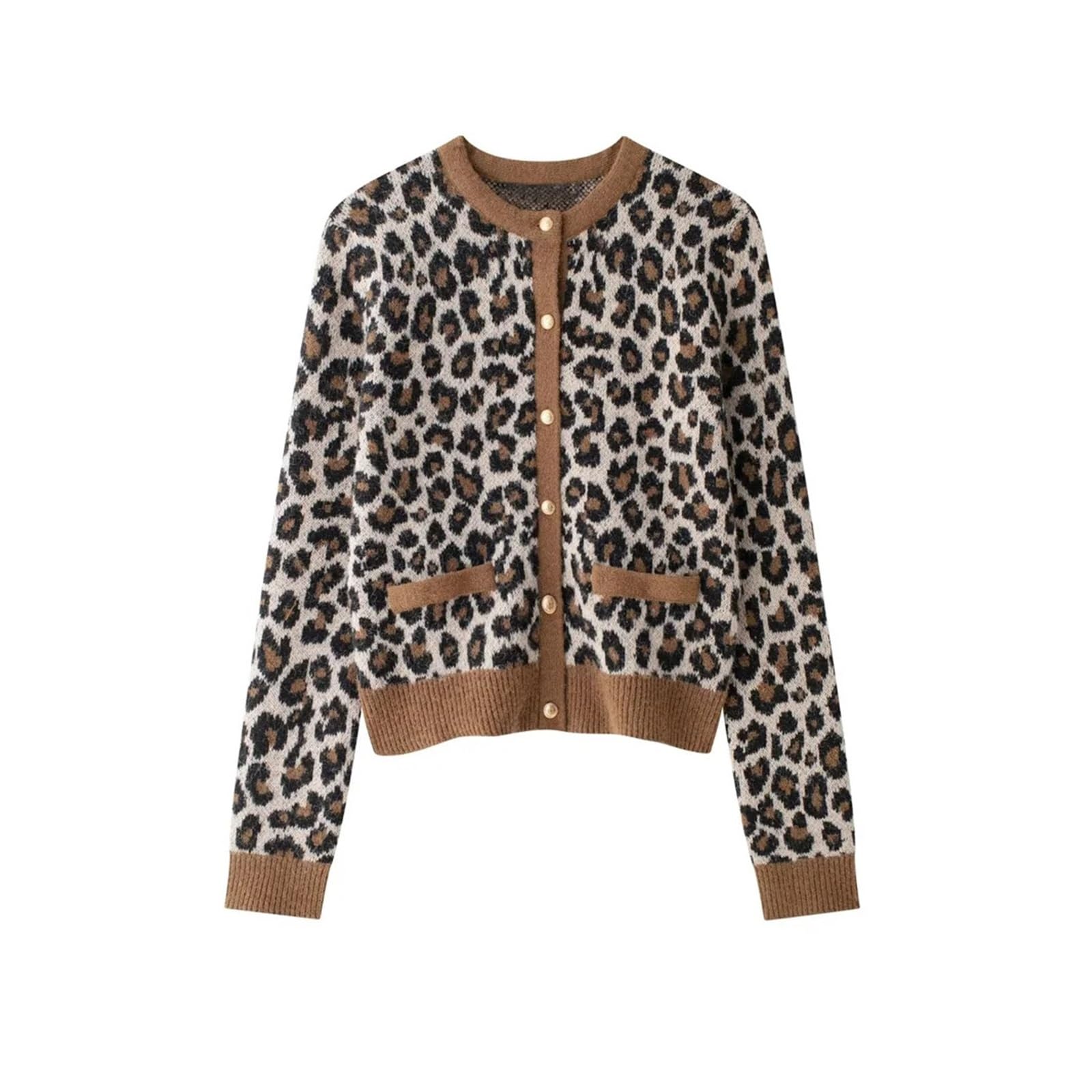 Suéter Tipo cárdigan de Punto Jacquard con Estampado Animal for Mujer, Manga Larga, botón Dorado Delantero, Prenda Exterior Femenina, Tops Elegantes