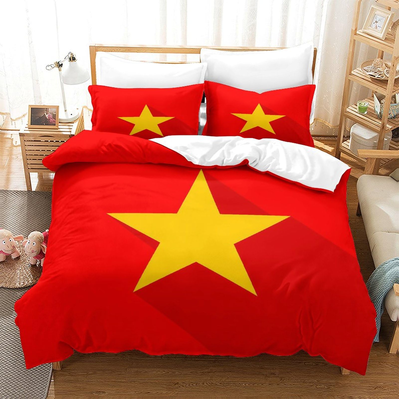 Bandiera del Vietnam Copripiumino 3D Con Stampa, Set Biancheria Da Letto 3 Pcs Set Copripiumino Microfibra Ipoallergenico Per,Bandiera nazionale in Ragazzi E Ragazze Double（200x200cm）