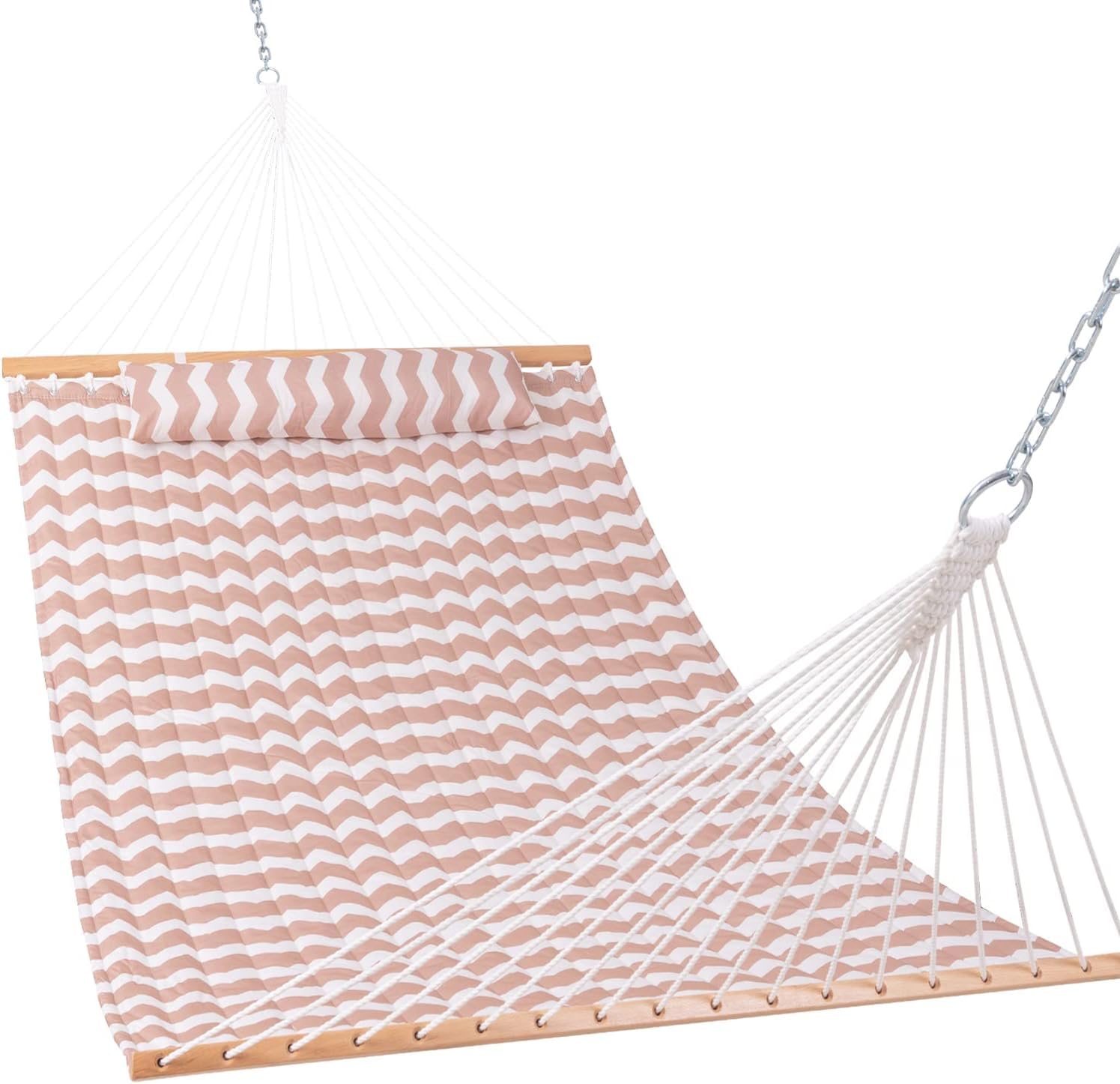 12FT Quilted Fabric Double Hammock with Spreader Bars and Detachable Pillow, 2-Person for Patio, Poolside, Backyard, Beach - 450 lbs Capacity, Beige Wave