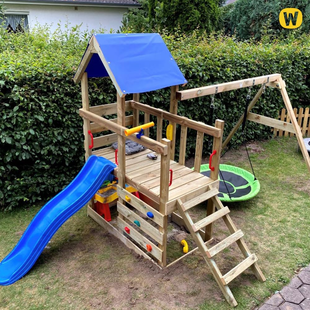 Gioco da giardino WICKEY TurboFlyer con altalena e scivolo blu, struttura da esterno per bambini con sabbiera, scaletta e accessori da gioco