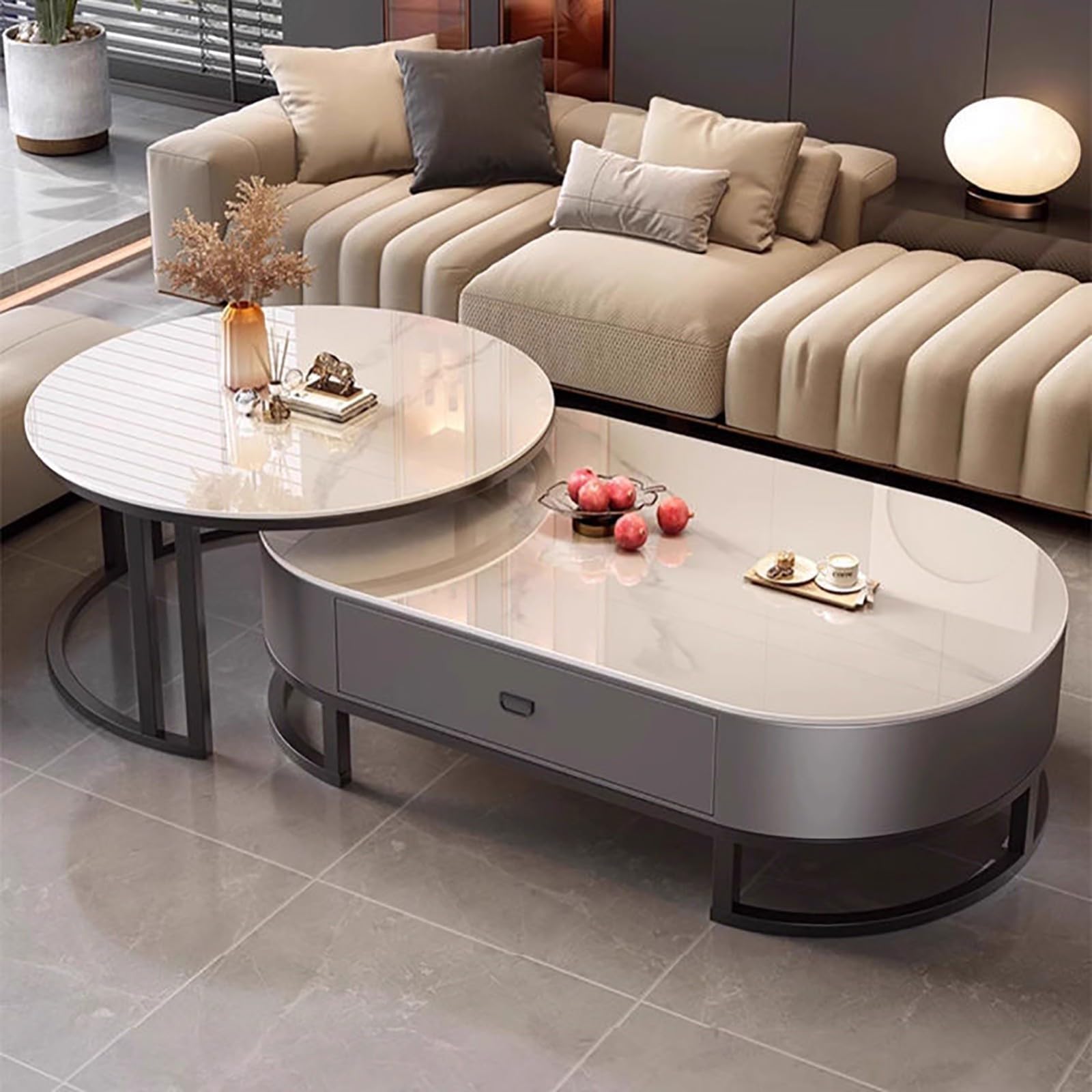 Juego de mesa de café de anidación ovalada moderna de 2 con tops de piedra sinterizado y marcos de acero, diseño que ahorra espacio para sala de estar y dormitorio, incluye cajones y estante de almace