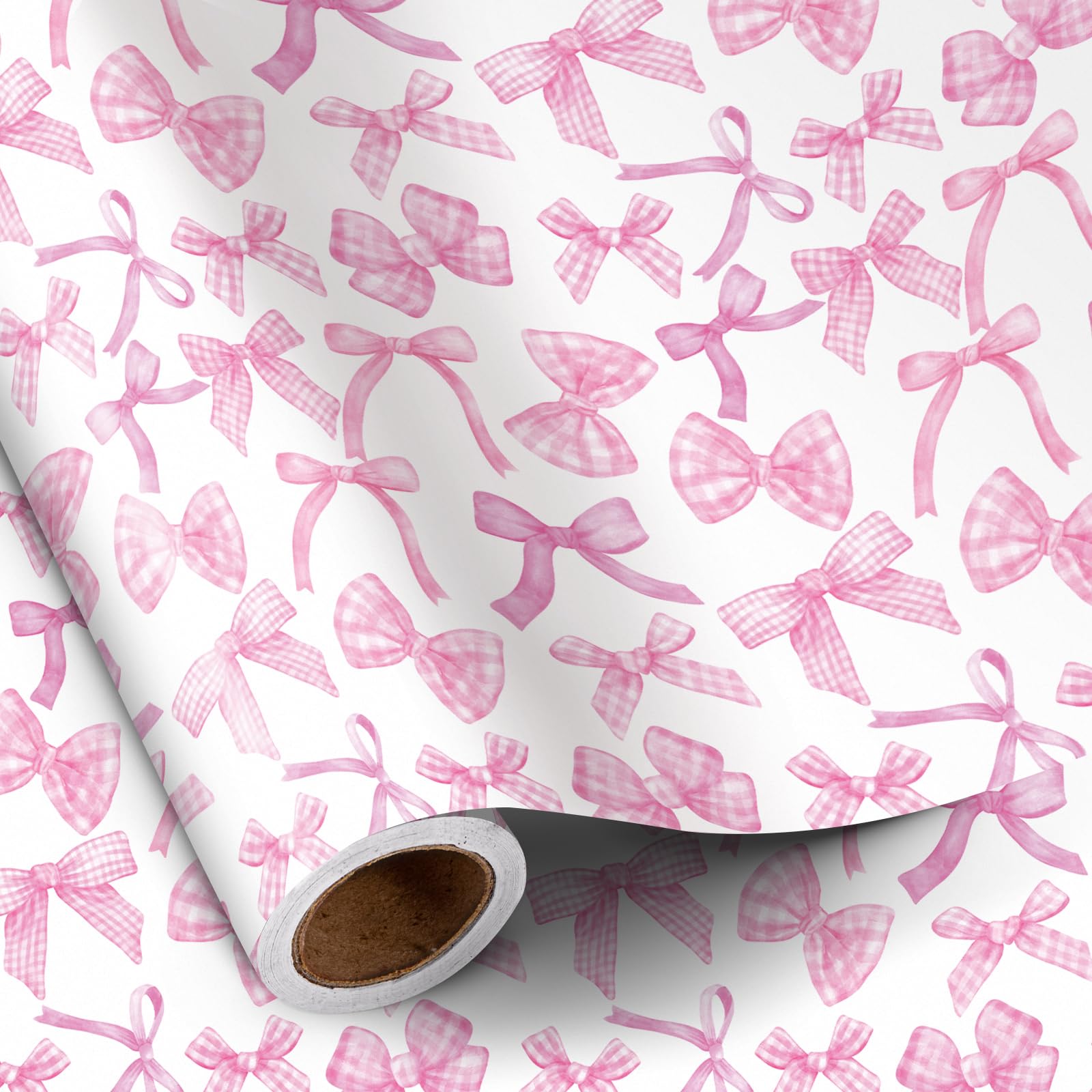 RUSPEPA Pink Bow Wrapping Paper Roll for Girls Women, Mini Roll, Gingham Bow-knot Gift Wrap Paper, Perfect for Baby Shower, Birthday, Wedding, Bridal Shower, Valentine's Day, 43.2cm x 5m โ image 1