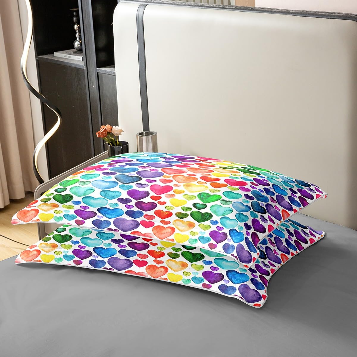 Loussiesd Liebesherz Betten Set Pärchen Buntes Liebesherz Muster Bettwäsche Set 135x200cm 100% Baumwolle Regenbogen Herz Bettbezug Set für Kinder Jungen Mädchen Raumdeko