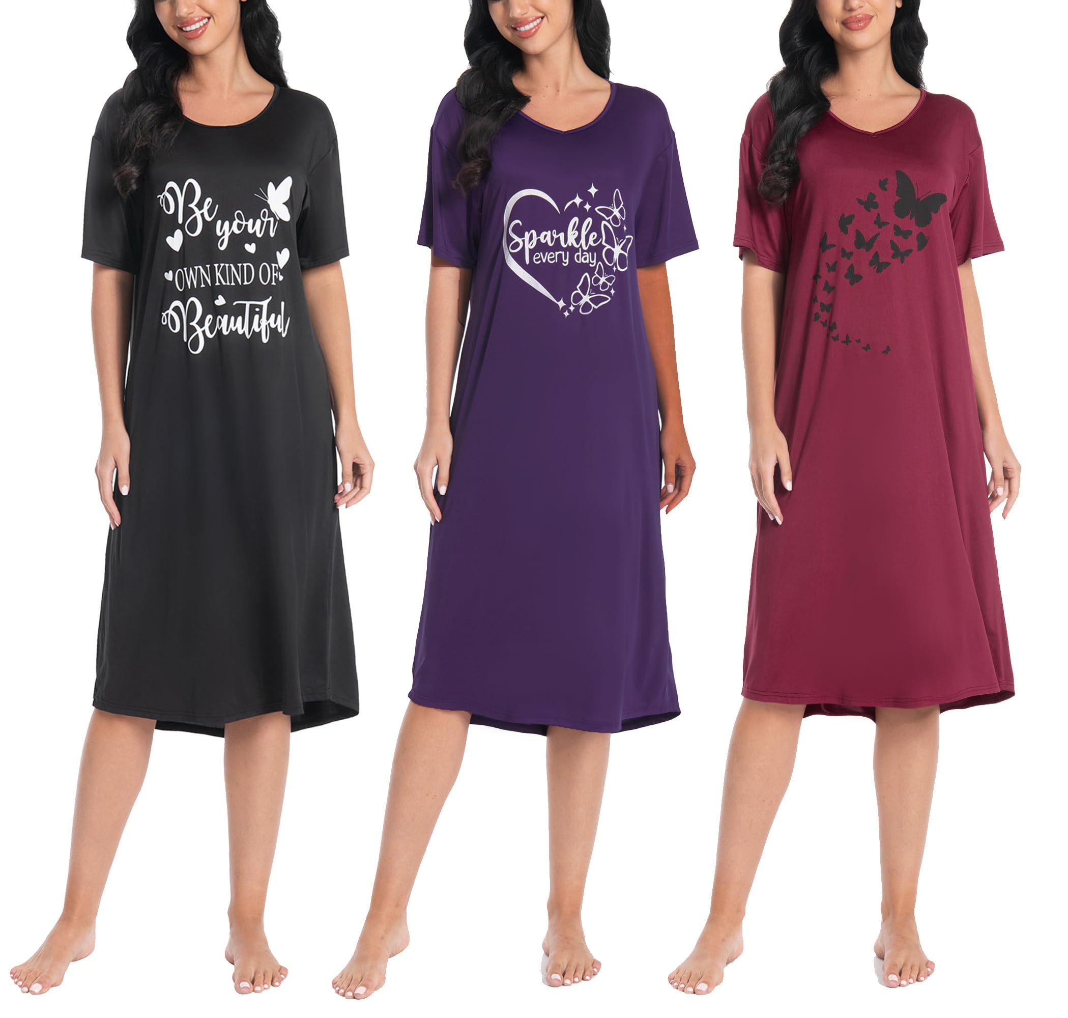 FEREMO 3 Pack Nightgowns for Women Soft Print Womens Nightshirts Short Sleeve Sleepwear