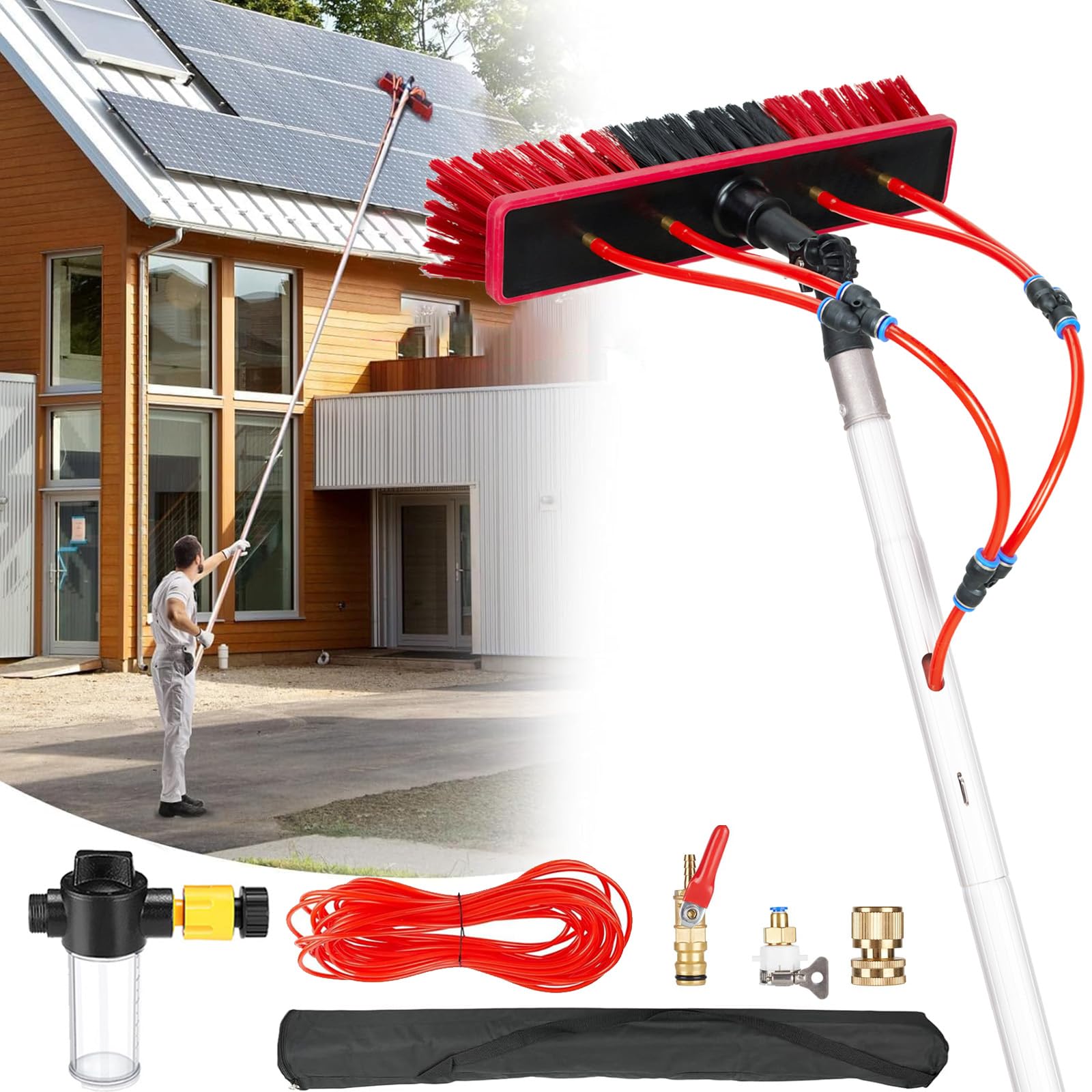 Solar Panel Cleaning Kit: 3-20m Telescopic Window Cleaning Brush, with Water Fed Pole, Soap Dispenser & Hose, for PV System, Conservatory Roofs & Cars (35cm Brush,16m)