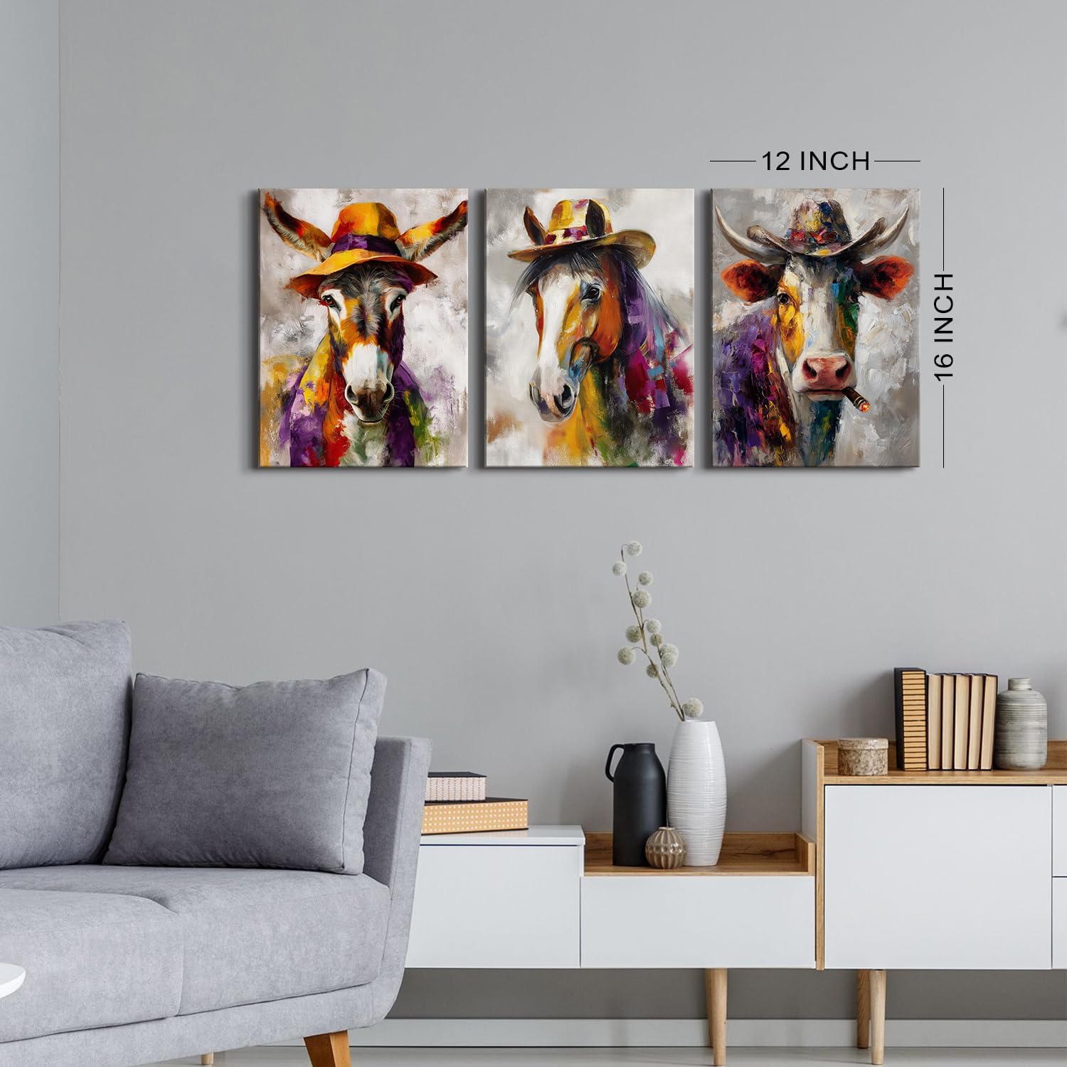 3 Piece Colorful Animals Wall Art Funny Cow Wall Decor Abstract Horse Donkey Cow Pictures Canvas Prints for Kitchen Country Farmhouse Animal Posters Painting Artwork Home Bedroom Decorations 12x16”
