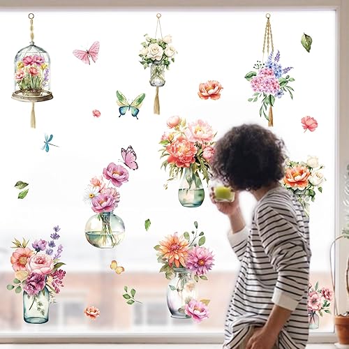 Miniatura 4 de Whaline 9 hojas de primavera y verano para ventana, florero de acuarela, mariposa, decoración estética de ventana floral de temporada para el hogar,