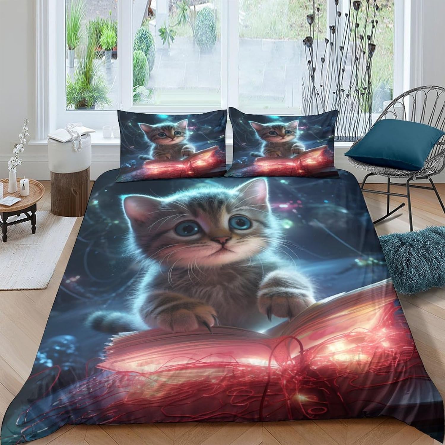 Housse de couette 200x200 chat animalier avec 2 taies d'oreiller
