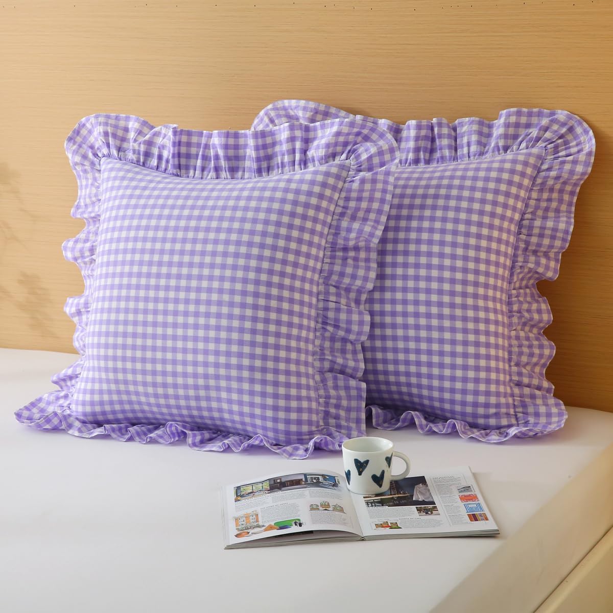 Silnuo 2 Pack Purple/White Plaid Ruffle Throw Pillow Covers,100% Washed Cotton Farmhouse Gingham Decorative Pillow Shams Checkered Pillowcases 24" x 24" for Bed,Sofa，Living Room