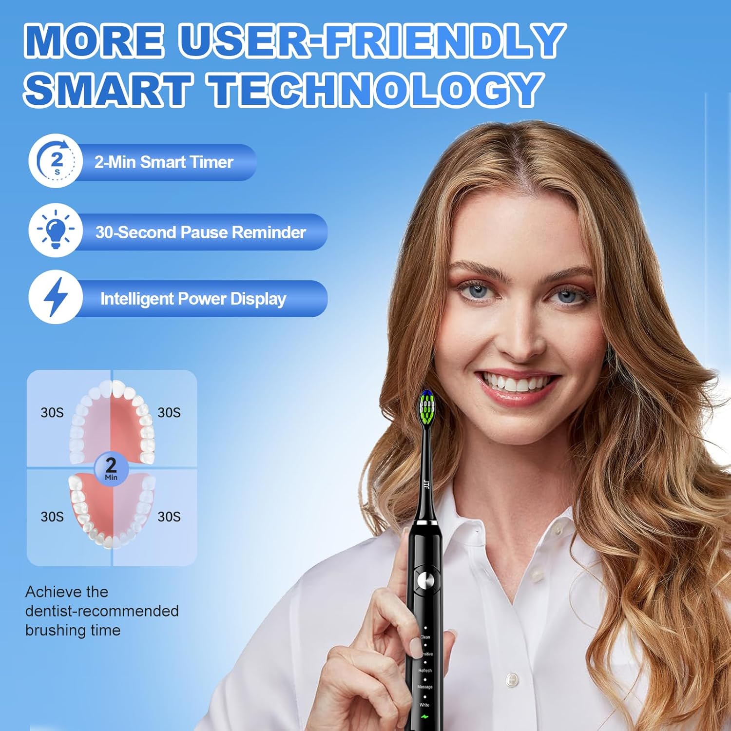 Woman holding JTF Sonic Electric Toothbrush P200, illustrating smart features like 2-minute timer and 30-second pause reminder.