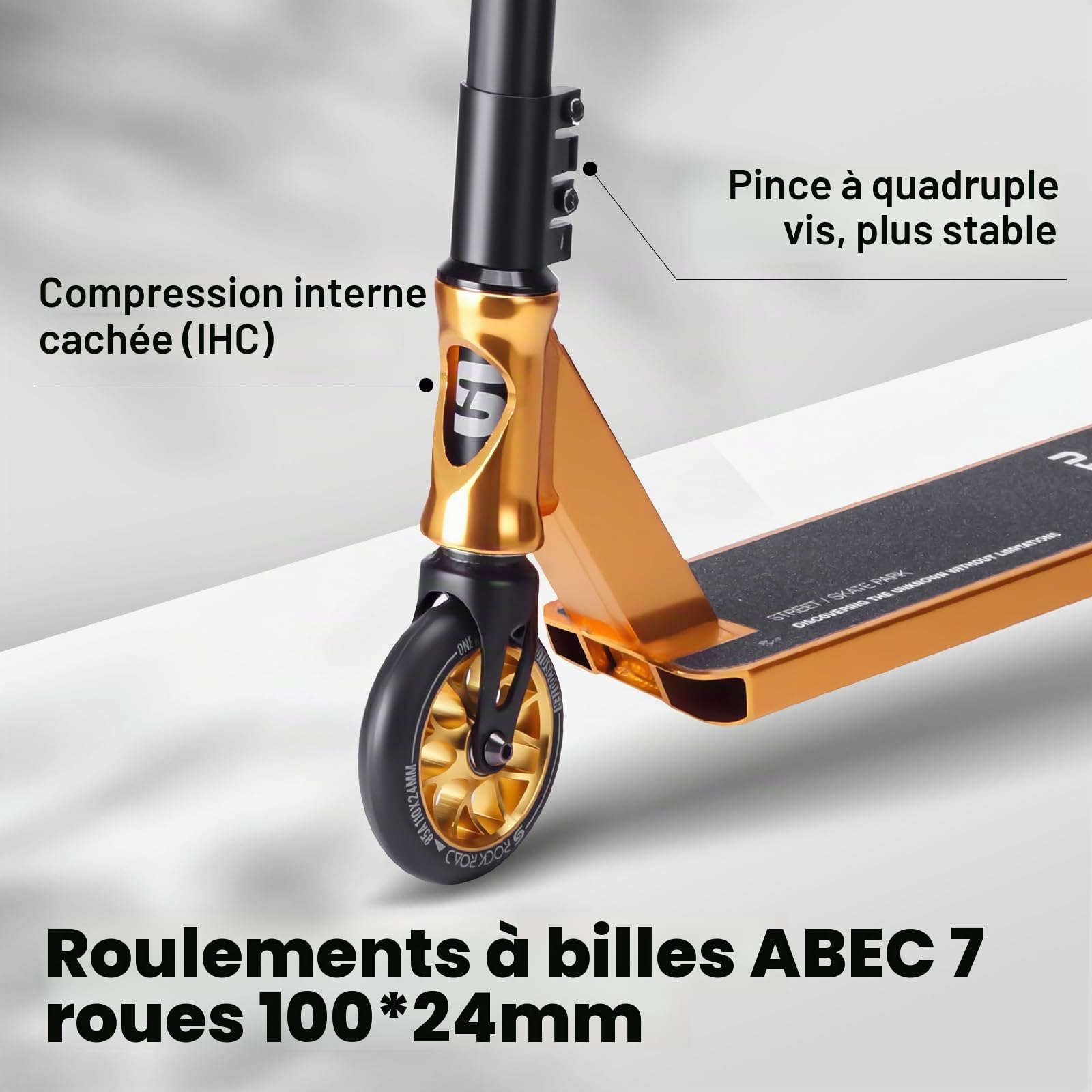 Trottinette Freestyle, Direction à 360°, Stunt Scooter avec Roues en PU 85A 110 mm, Trotinette pour Enfants Adolescent Adultes, Capacité de Charge: 100 kg, Aluminium (Noir – Or)