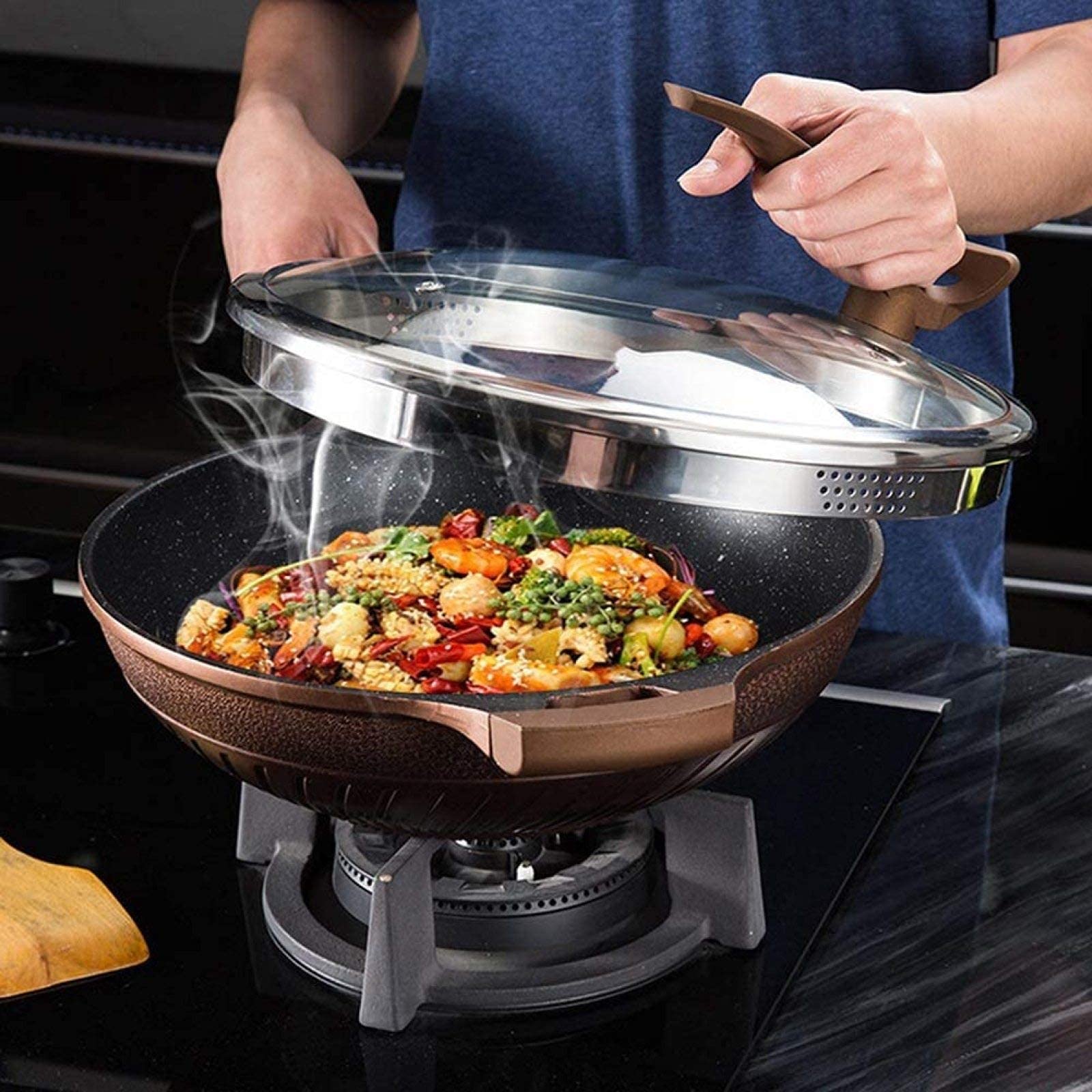 Amazon｜中華なべフラットボトム中華なべノンスティックフライパン