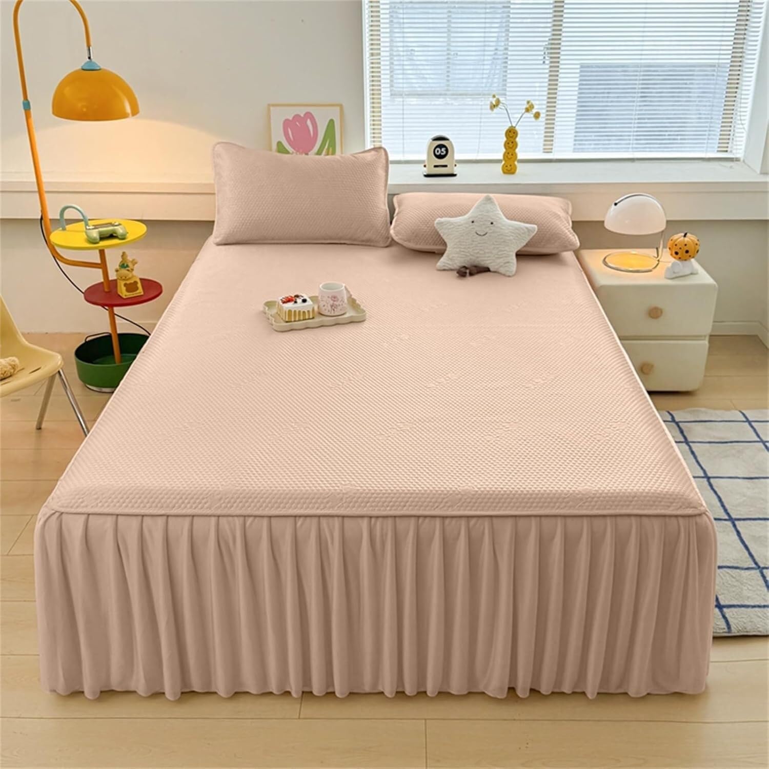 Drap-housse 150x200cm kaki avec jupe de lit à volants intégrée en microfibre