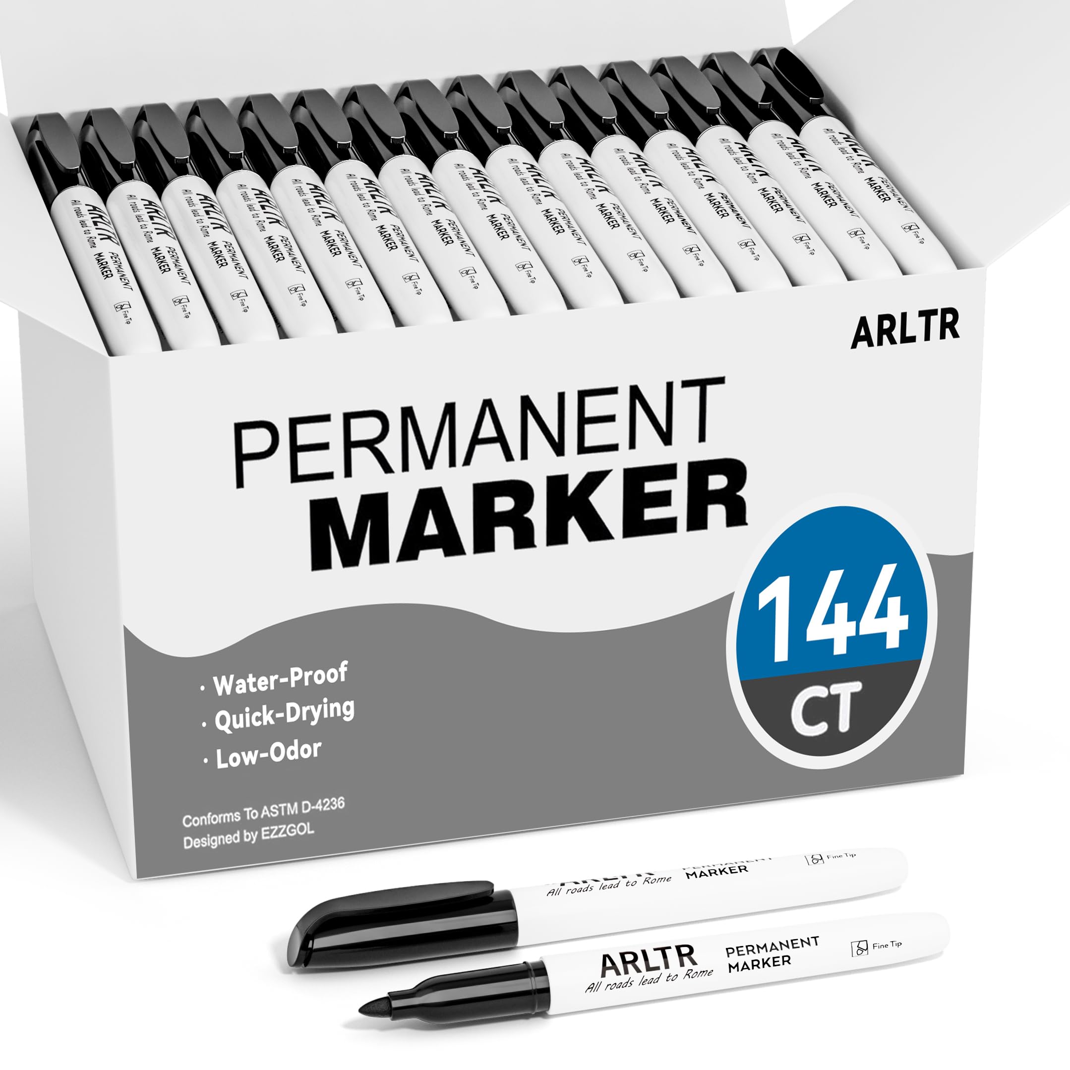 ARLTR Permanent Markers Bulk with Fine Tip, Bulk Pack of 144 with Black, Works on Plastic,Wood,Stone,Metal and Glass for Doodling, Coloring as Office,
