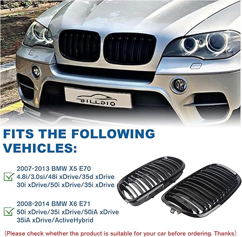 Miniatura 4 de Parrilla de riñón para parachoques delantero, color negro brillante, compatible con BMW X5 E70 X6 E71 2007-2014 doble listón doble línea