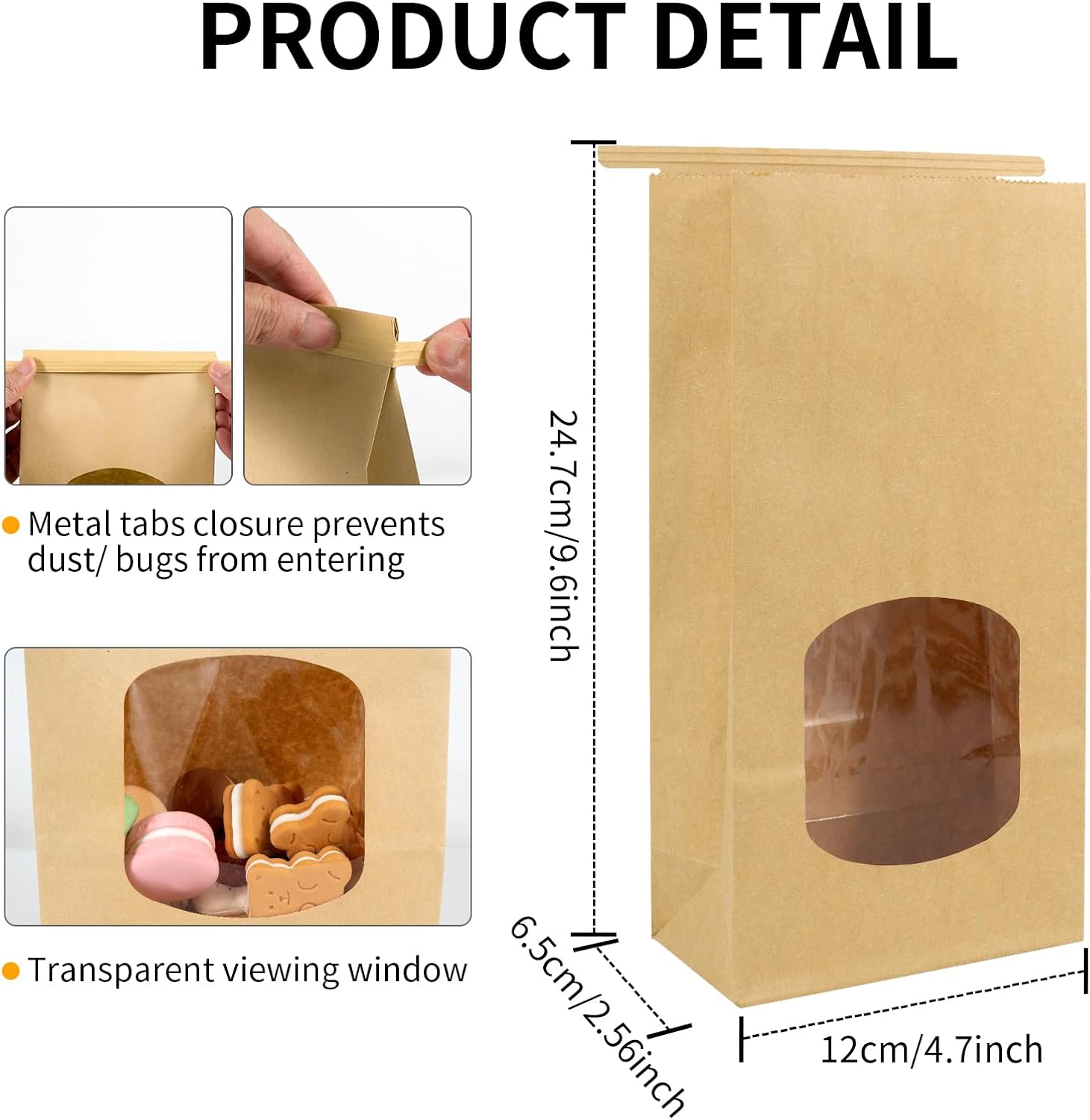 30-Piece Kraft Paper Bags with Window - 4.5 x 2.56 x 9.6 Inch, Tin Tie Tab Lock Bags for Food Storage image 2