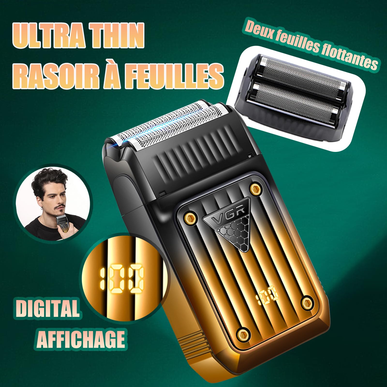VGR 644 Tondeuse Pour Hommes Professionnelle | Tondeuse à Barbe Sans Fil & Rasoir Électrique, Kit de Coupe de Cheveux Rechargeable 3 Pièces avec Écran LED