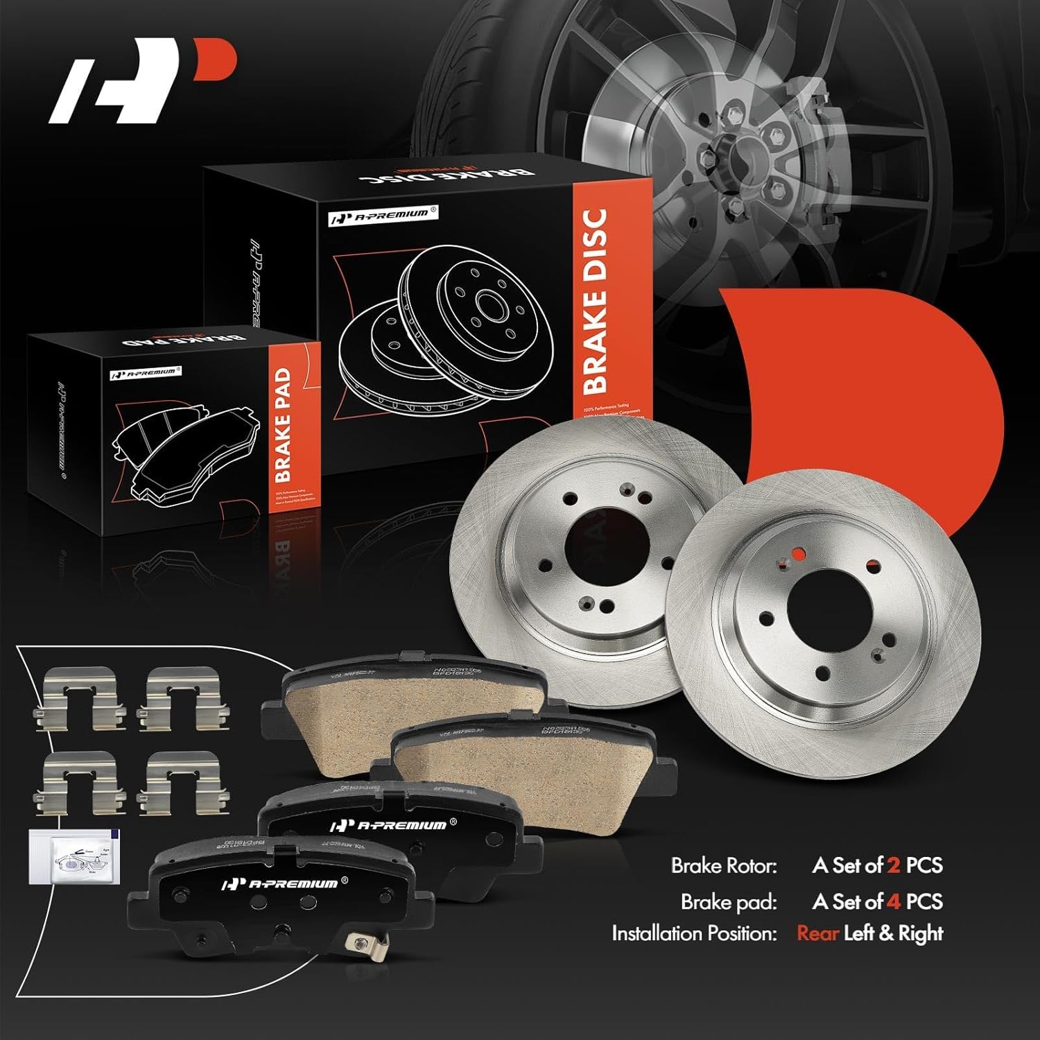 A-Premium 11.18 inch (284mm) Rear Solid Disc Brake Rotors + Ceramic Pads Kit Compatible with Select Hyundai and Kia Models - Sonata 2016-2019, Elantra GT, Optima, Forte, Forte5, Soul EV, 6-PC Set