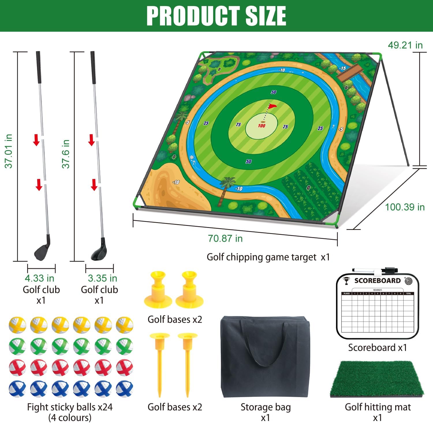 Mostop Large Golf Chipping Game Set, 70"x70" Large Chipping Mat with 20 Sticky Balls & 2 Adjustable Clubs, Indoor Outdoor Golf Practice for Backyard, Lawn, Yard Games Gift for Friends Family