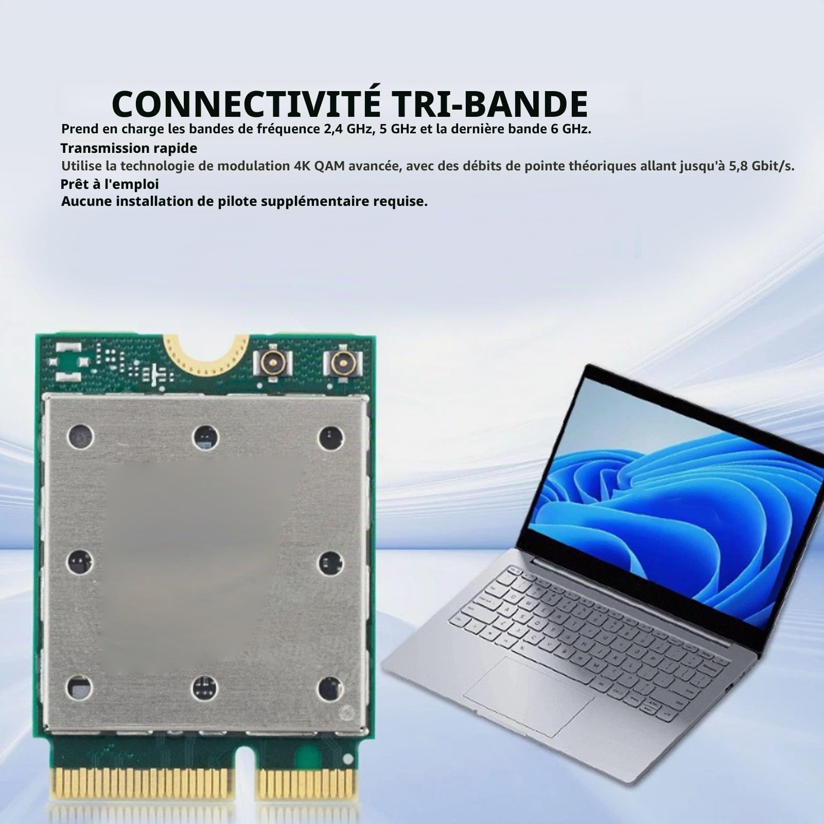 Carte Réseau QCNCM865 WiFi 7, Adaptateur sans Fil Tri-Bande 5,8 Gbps M.2 NGFF, Module 6 GHz 5G 2,4 G pour Ordinateur Portable