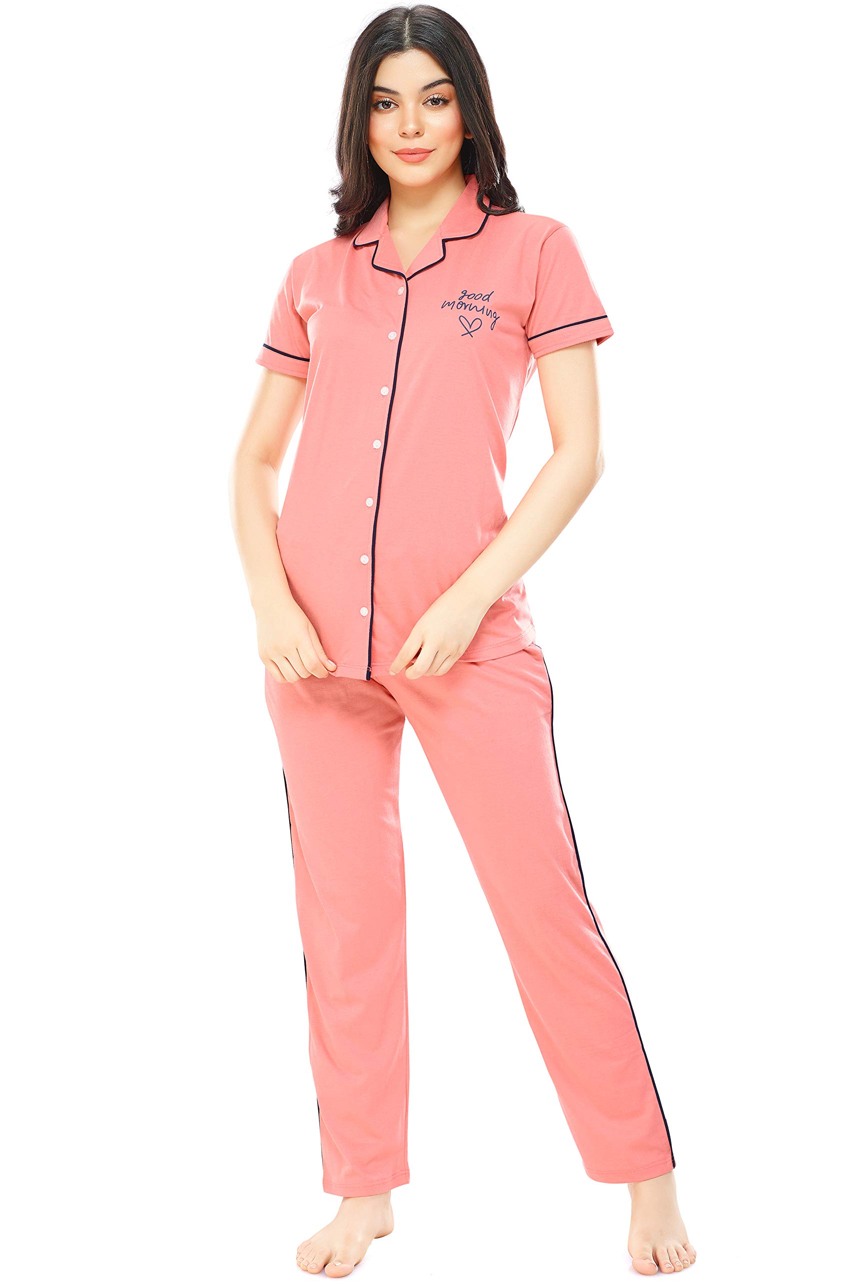 Zeyo Women's Cotton Night Suit Set - Half Sleeve Shirt & Pyjama, Solid Plain Design, Regular Fit, Made In India - View #3