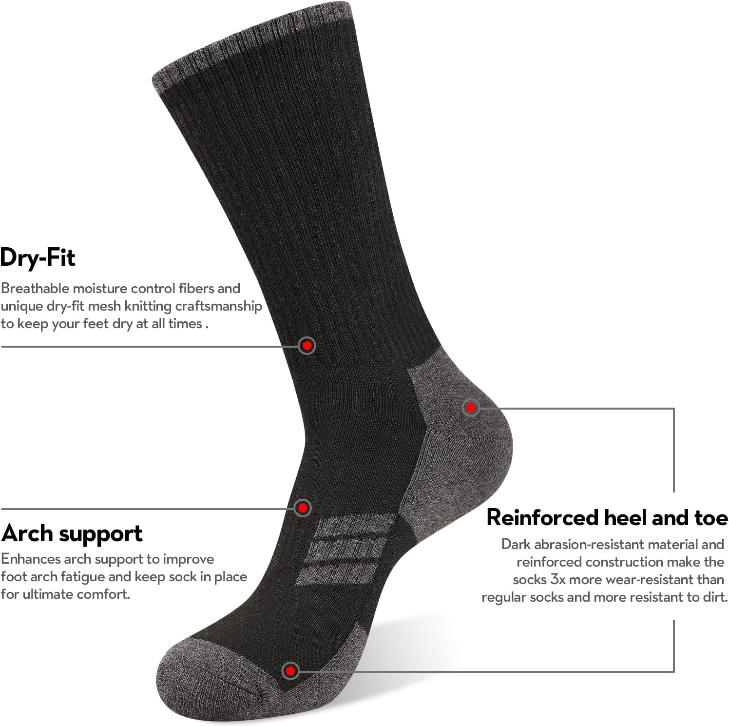 Heatuff Mens Moisture Wicking Heavy Cushion Crew Socks, Reinforced Heel & Toe Durable Socks - Image 2