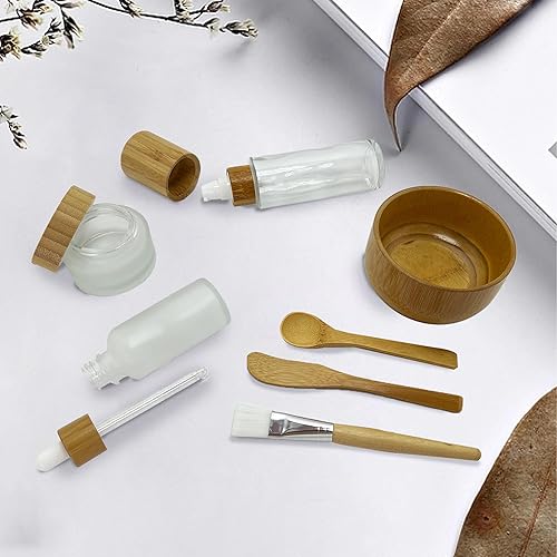 Miniatura 7 de Juego de cuencos de mezcla de bambú, 7 piezas de herramientas de mezcla de máscaras faciales con tazón de máscara facial, espátula, cuchara,