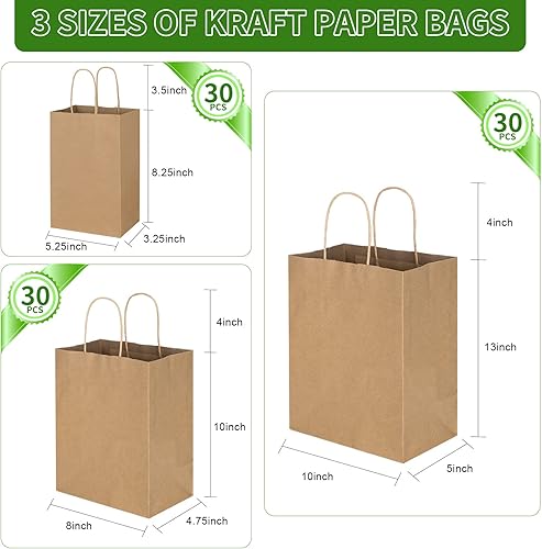 Miniatura 6 de Toovip Paquete de 90 bolsas de papel kraft marrón liso con asas a granel, múltiples 3 tamaños surtidos, bolsas de regalo para regalos, compras,