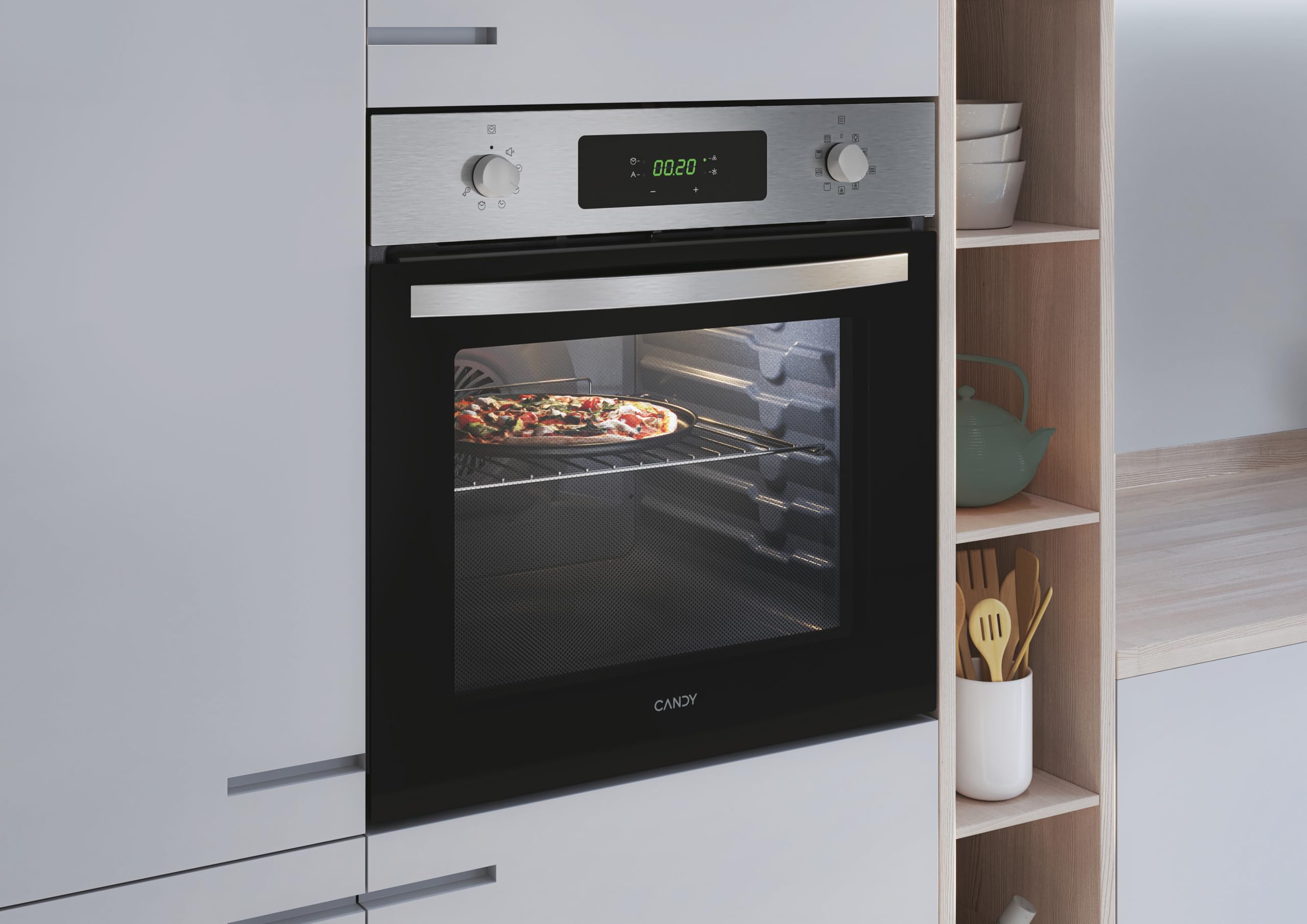 Candy Idea FCID X676, Horno Multifunción Pirolítico, 65L, 1 Bandeja y 1 Rejilla, Ventilador Radial, Aquálisis, Convección + Ventilador, 9 Funciones, Display táctil, Puerta 3 Cristales, Inox y Negro