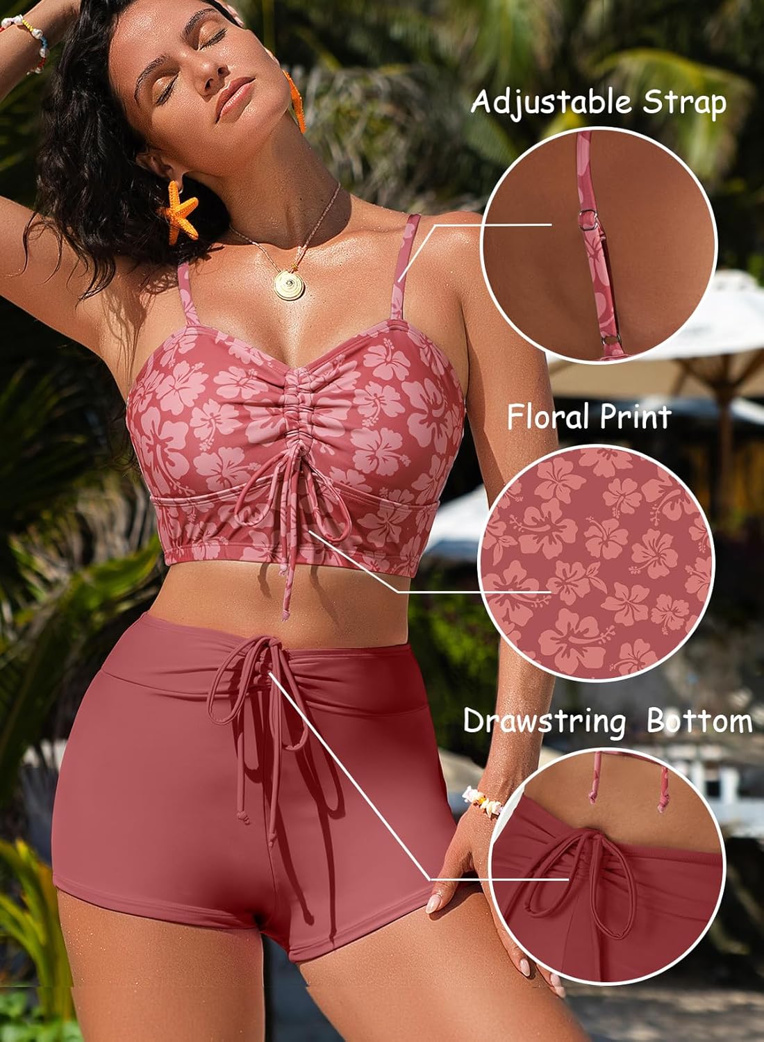 Herseas High Waisted Bikini Sets for Women Floral Print Two Piece Tummy Control Swimsuits Drawstring Short Bathing Suit