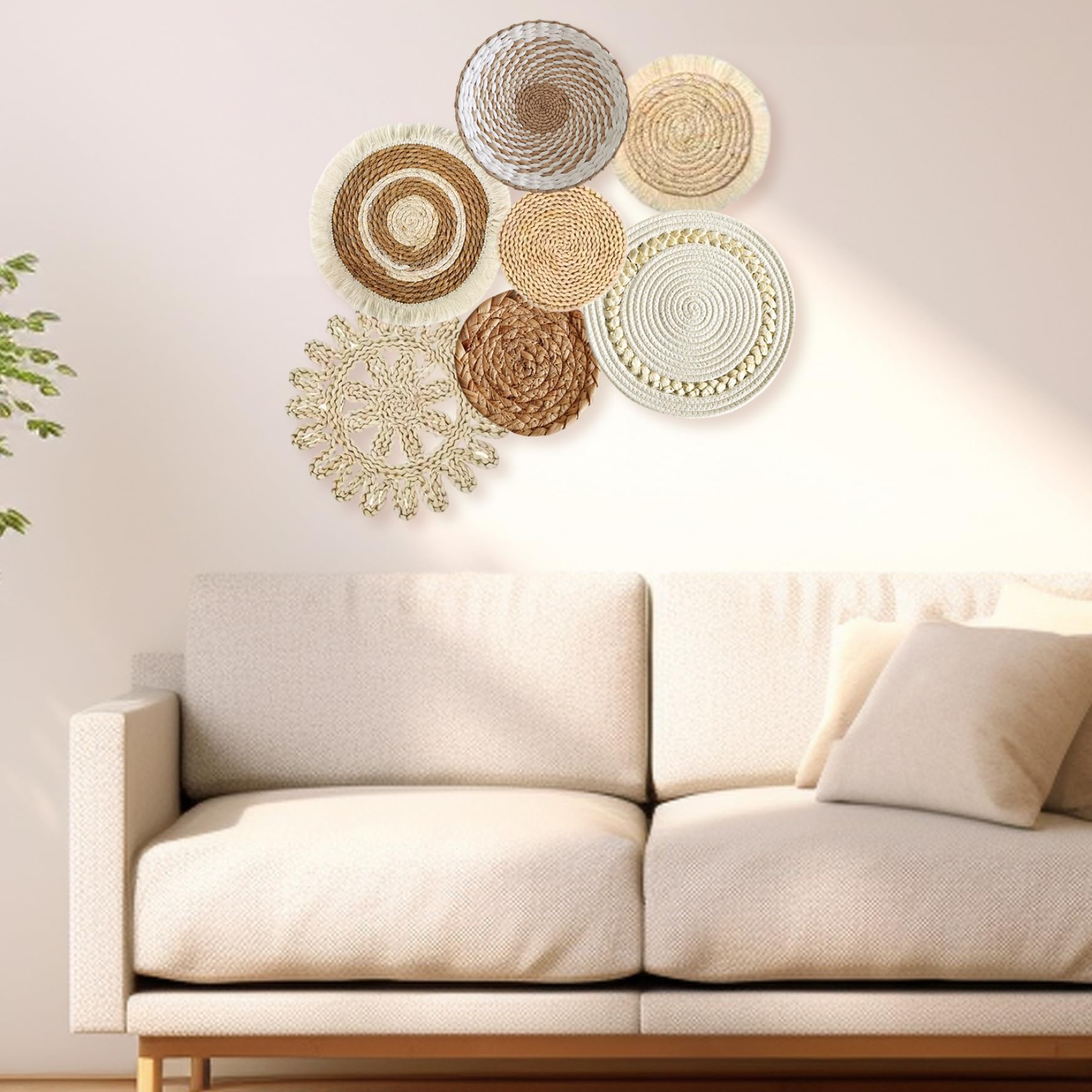 7 paniers muraux bohèmes, 6 tailles, ronds en paille tressée avec crochet, pour décoration de salon, style campagnard
