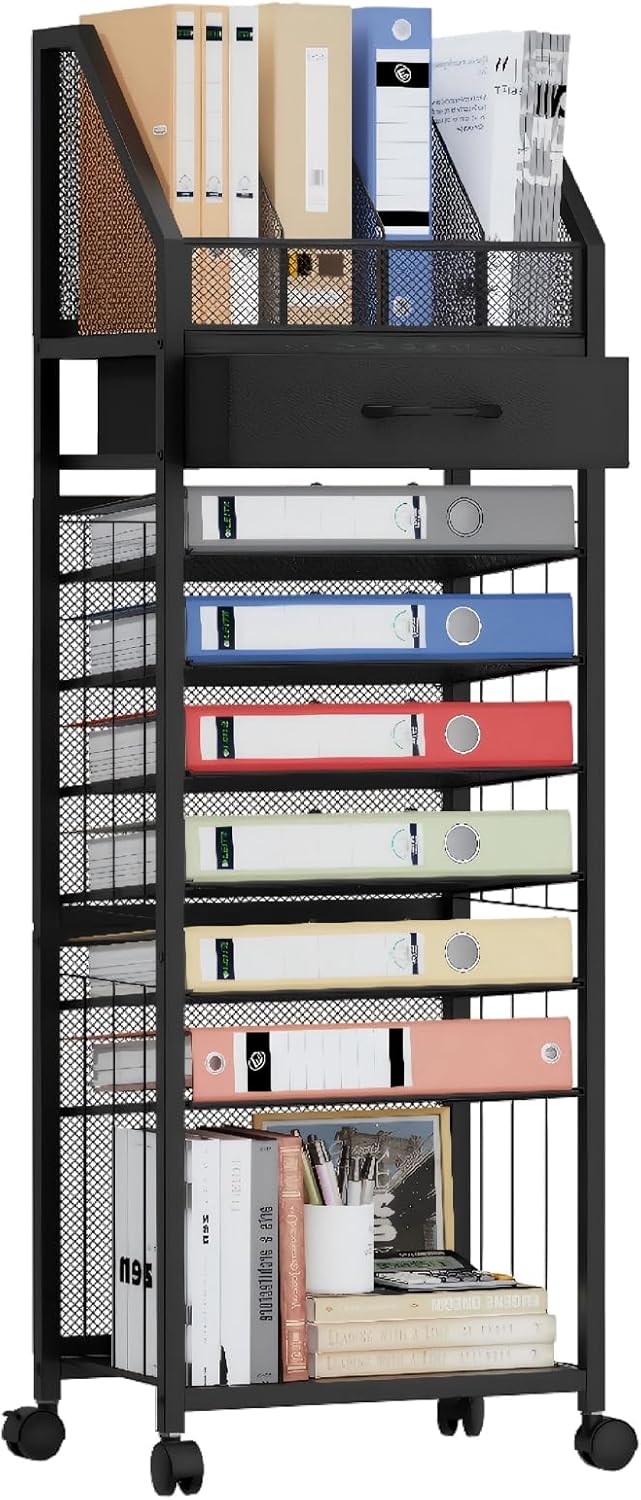 SWTYMIKI 9-Tier Rolling File Cart - Paper Organizer with Drawer and Trays, Wood Desk Office Organizer, Office Organization and Binder Storage for Workspace, Home, School, Black