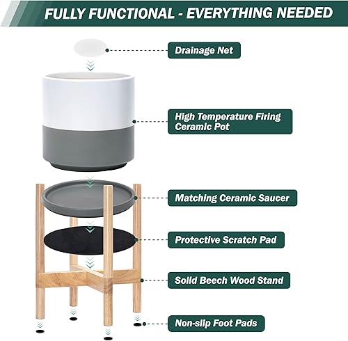 Miniatura 5 de D'vine Dev Maceta de cerámica con soporte natural, maceta redonda moderna de 8 pulgadas con soporte para maceta de madera, blancogris, 55-B-N-6
