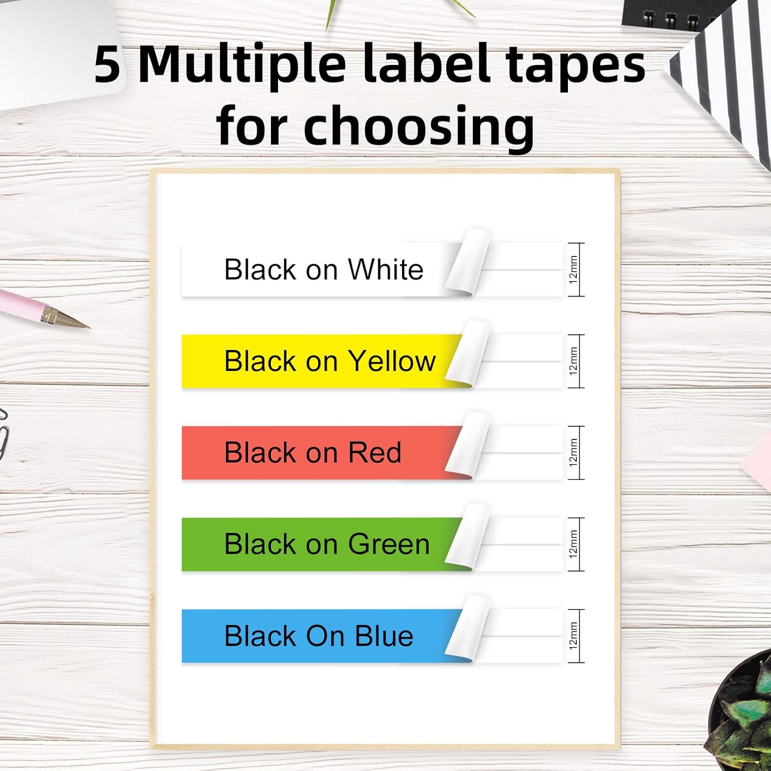 5-Pack Colored Label Tape 12mm x 4m (1/2" x 13') Compatible with Dymo Letratag Refills,Replacement for Dymo Label Maker Refills Plastic for Letratag LT100H LT100T QX50 - Image 2
