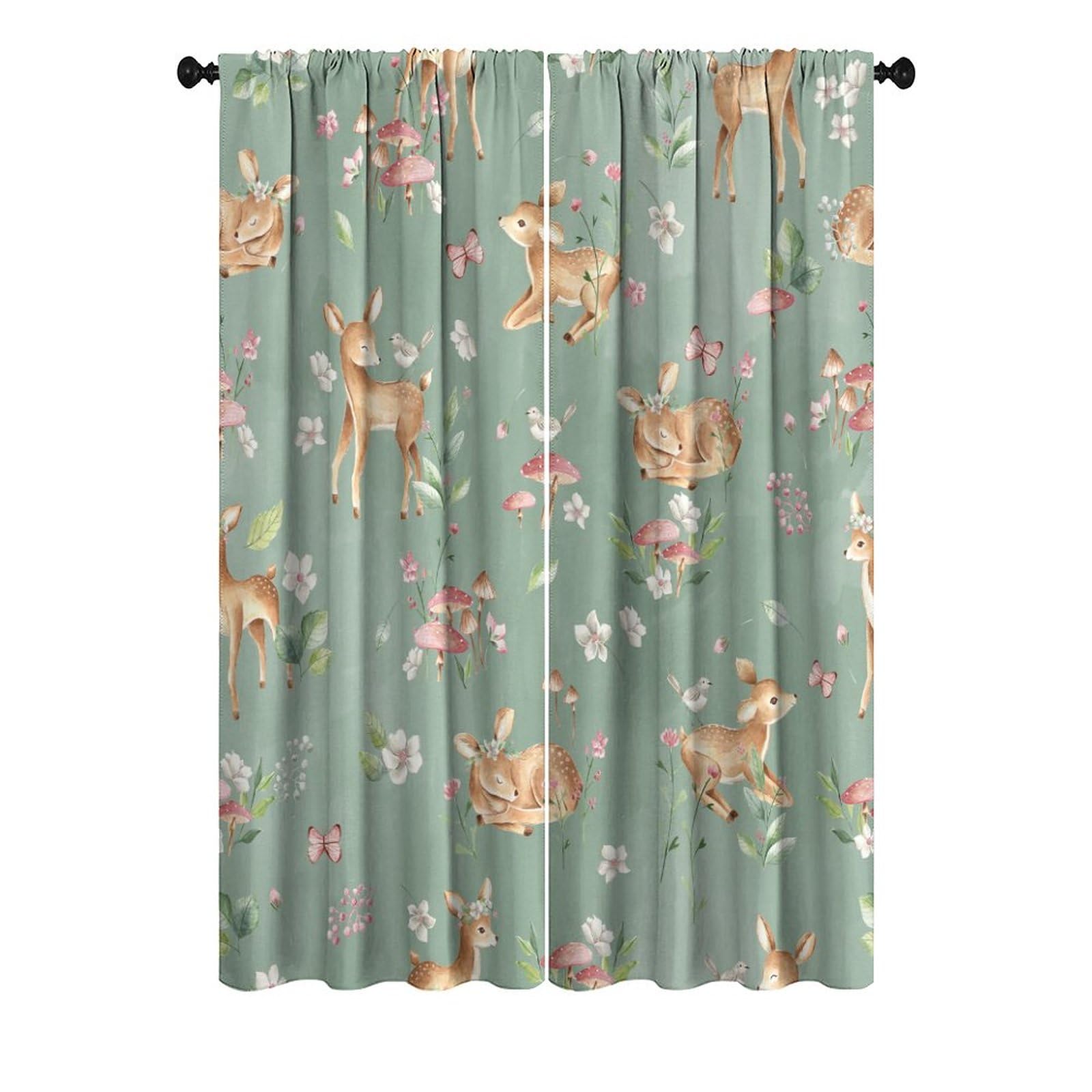 Vintage Cute Baby Deer Curtains - Watercolor Cabin Forest Woodland Deer Flowers Leaves Thermal Insulated Blackout Curtains - Rod Pocket Window Treatment Drapes for Bedroom 2 Panels 84L x 26W