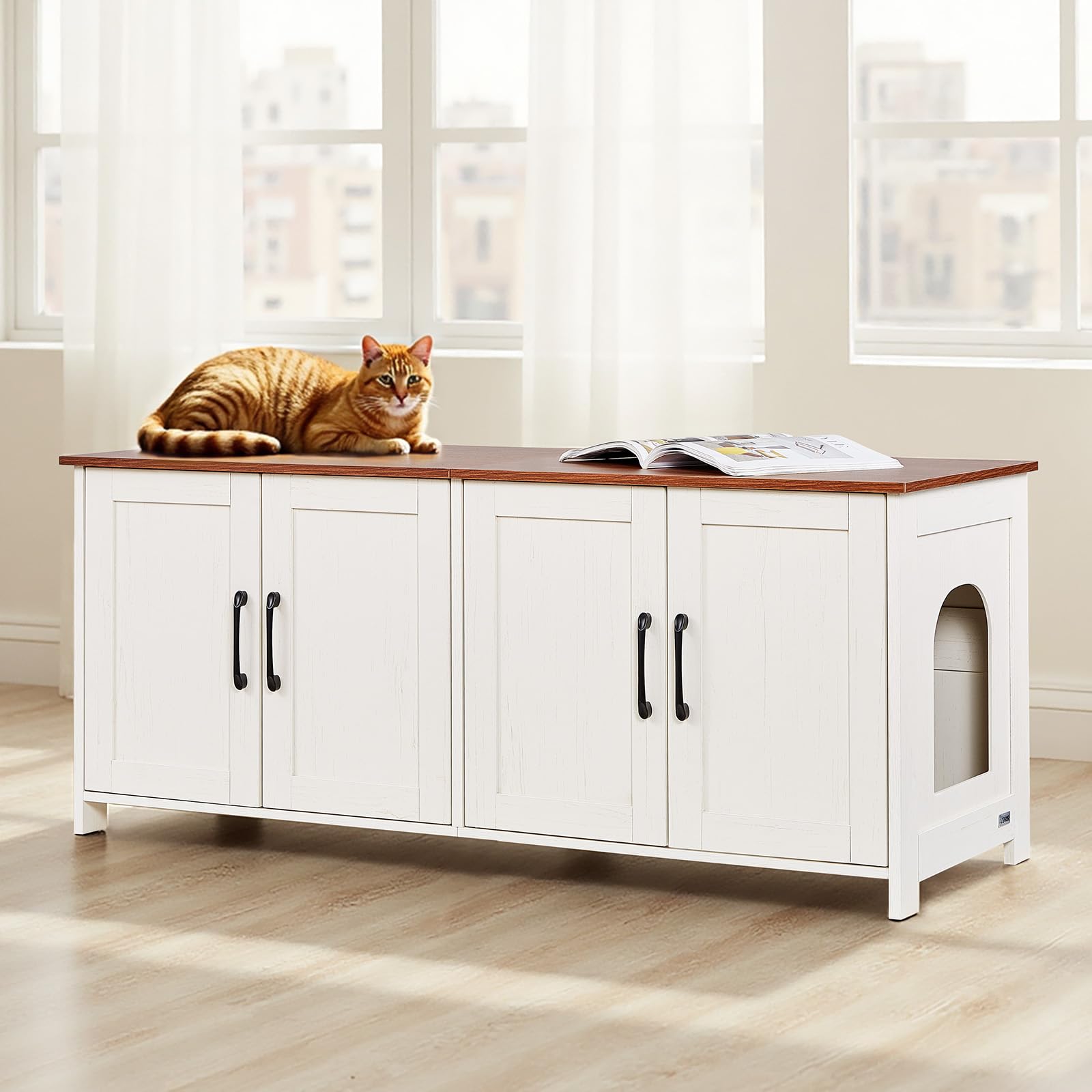 VEVOR Mobile Lettiera per Gatti, Mobiletto Nascosto da 1200 mm con 4 Porte e 2 Ingressi, Mobile da Lettiera in Legno per Gatti, Adatto alla Maggior Parte delle Lettiere, Marrone e Bianco