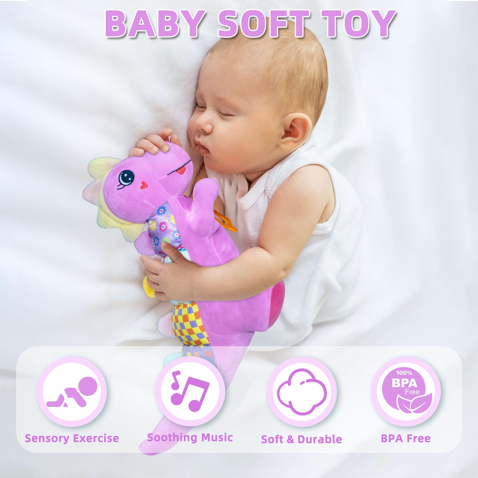 Baby Dino Giocattoli musicali di peluche per 0-3-6-9-12 mesi, dinosauro per neonati, giocattoli per la pancia, con carta sonora increspata, massaggiagengive, texture e sonagli per neonati, ragazzi e